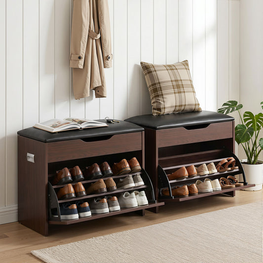 Artiss 2x Shoe Bench Set Flip Drawer Walnut CABINET-8836-WALX2