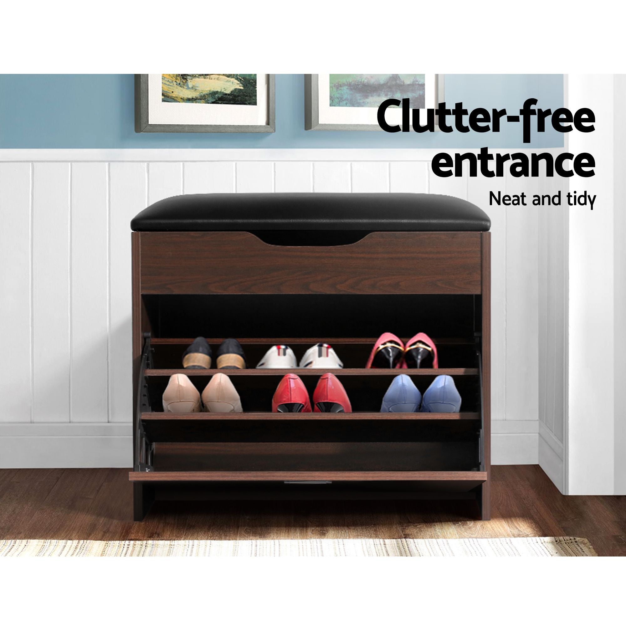 Artiss 2x Shoe Bench Set Flip Drawer Walnut CABINET-8836-WALX2