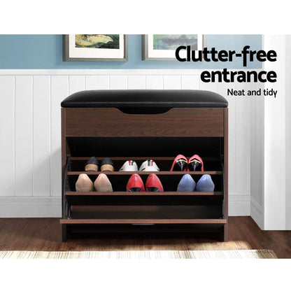 Artiss 2x Shoe Bench Set Flip Drawer Walnut CABINET-8836-WALX2