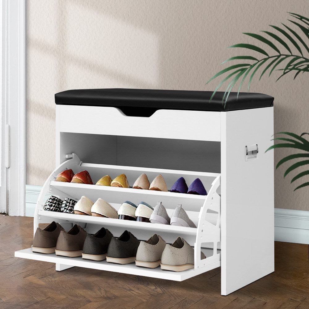 Artiss Shoe Rack Cabinet Bench 3-tier 15 Pairs White CABINET-8836-WH