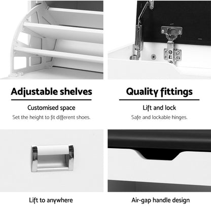 Artiss Shoe Rack Cabinet Bench 3-tier 15 Pairs White CABINET-8836-WH