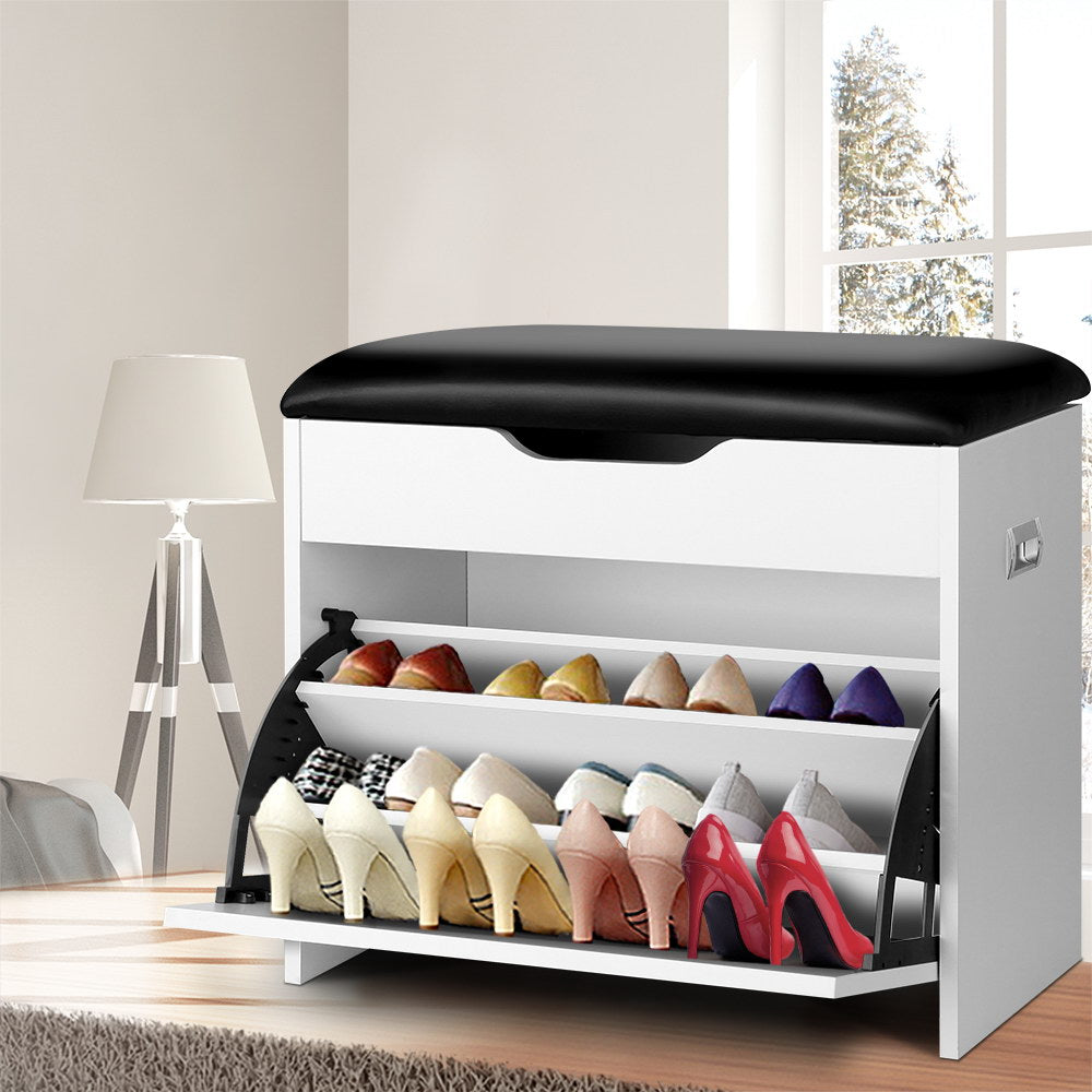 Artiss Shoe Rack Cabinet Bench 3-tier 15 Pairs White CABINET-8836-WH