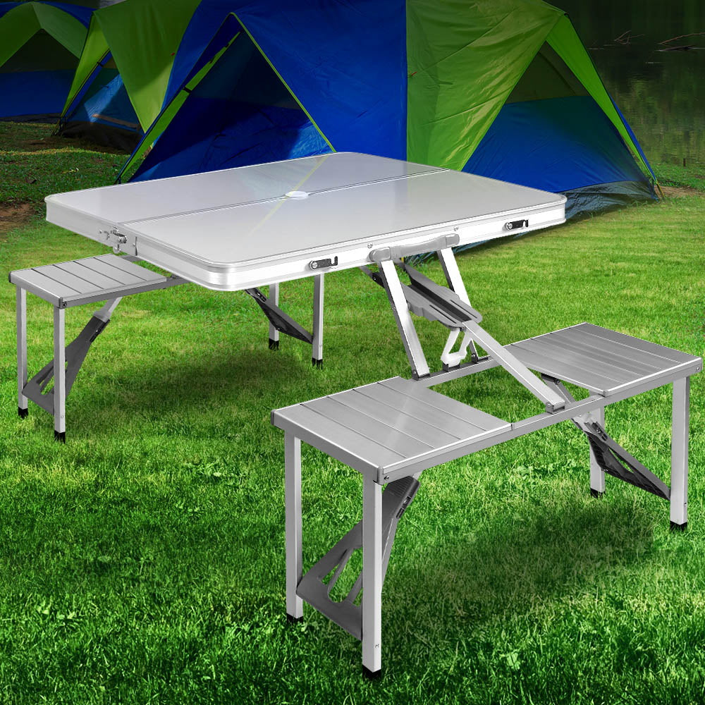 Weisshorn Folding Camping Table Outdoor Picnic BBQ With 2 Bench Chairs Set CAMP-B-T-MDF-85