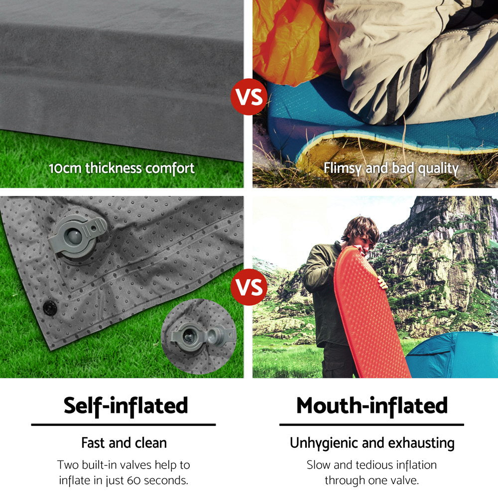 Weisshorn Self Inflating Mattress 10CM Camping Sleeping Mat Air Double Grey CAMP-MAT-SUE-DT-GREY