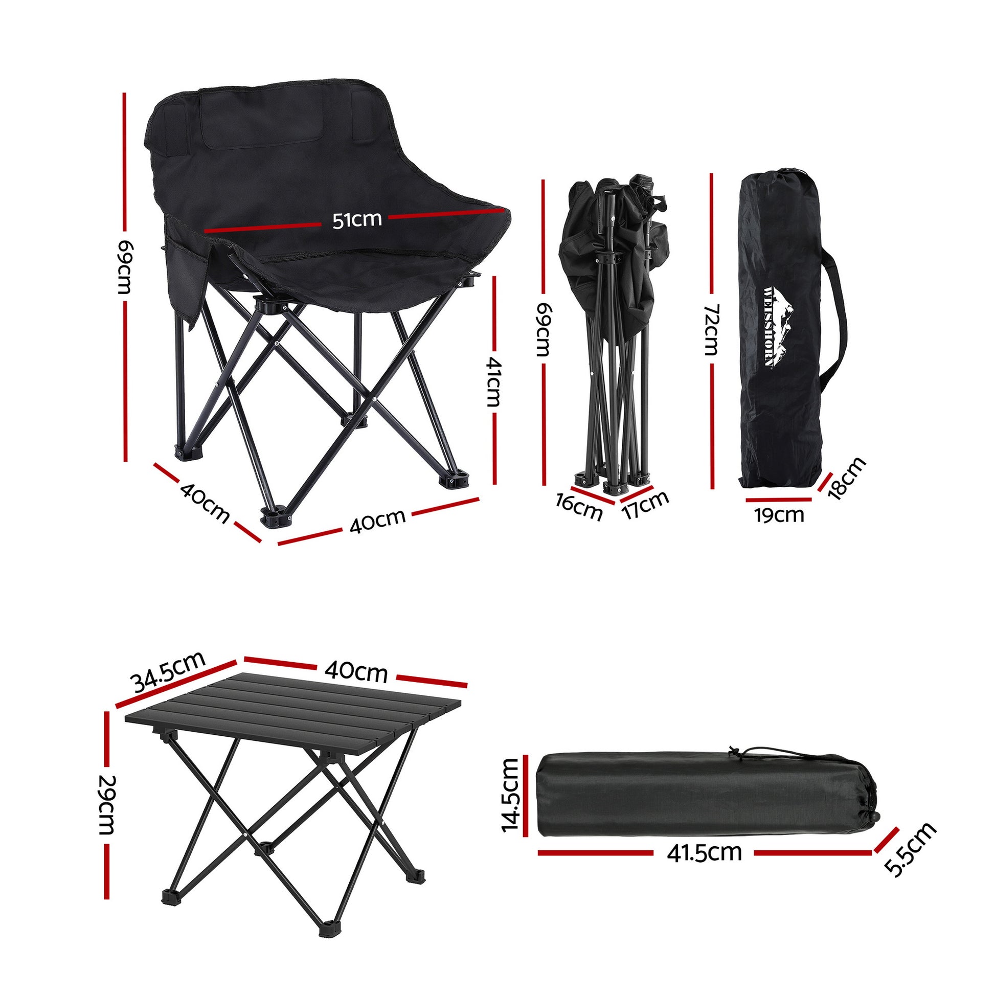 Weisshorn 3pc Camping Table Chair Set Outdoor Folding Aluminium Portable Picnic CAMP-MOON-BKX2-ALUM-40