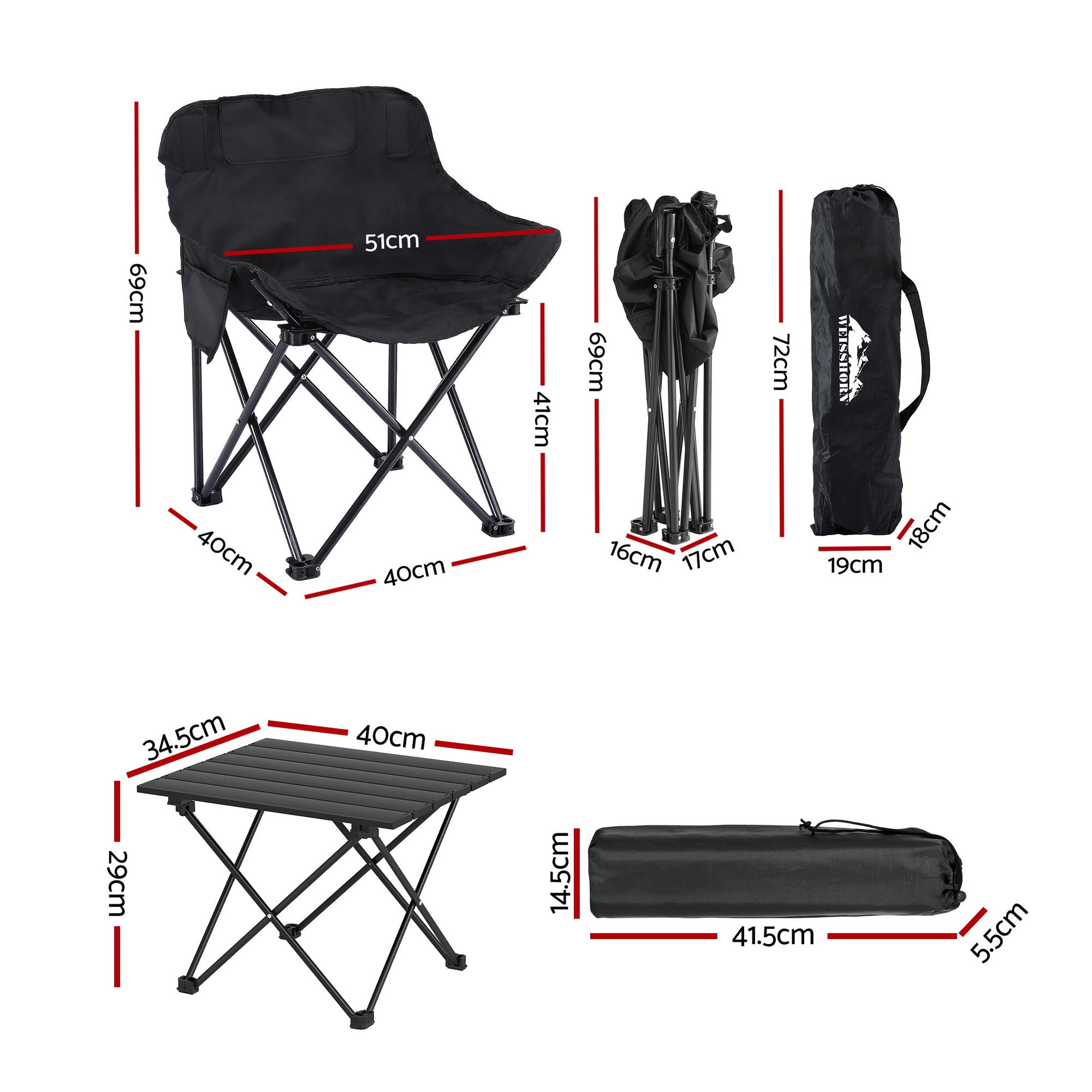 Weisshorn 3pc Camping Table Chair Set Outdoor Folding Aluminium Portable Picnic CAMP-MOON-BKX2-ALUM-40