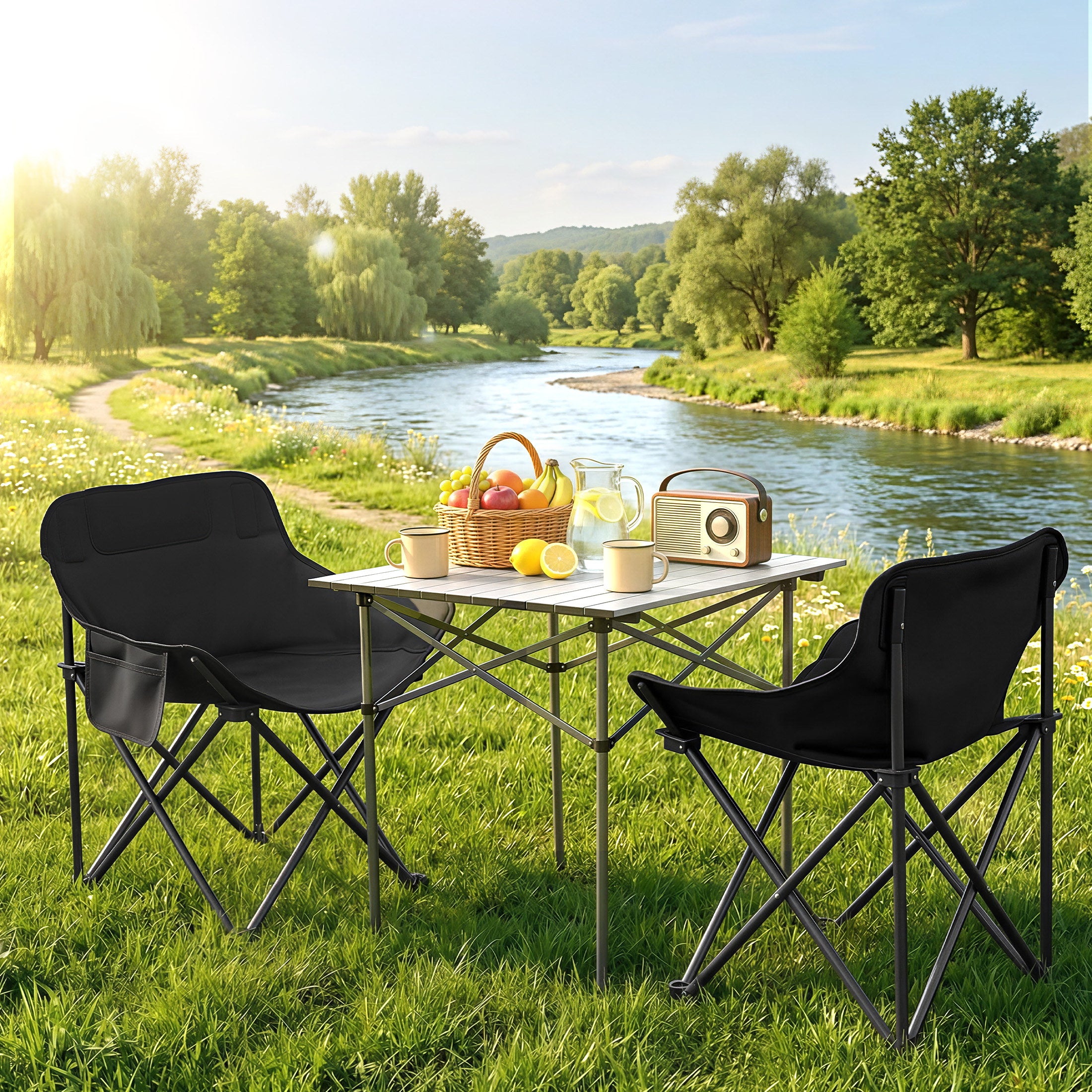 Weisshorn 3pc Camping Table Chair Set Outdoor Folding Aluminium Portable Picnic CAMP-MOON-BKX2-ALUM-70