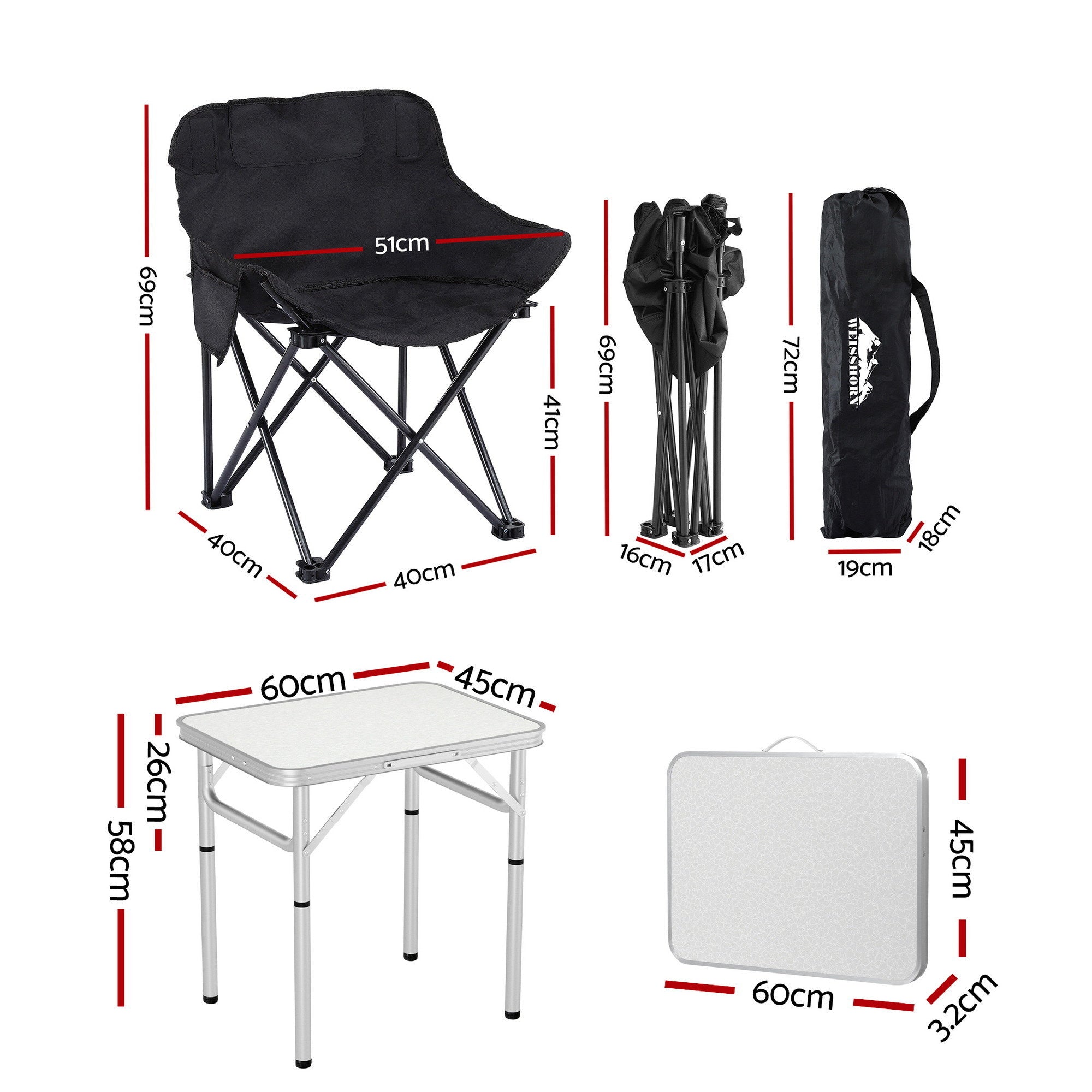 Weisshorn 3pc Camping Table Chair Set Outdoor Folding Aluminium Portable Picnic CAMP-MOON-BKX2-MDF-60