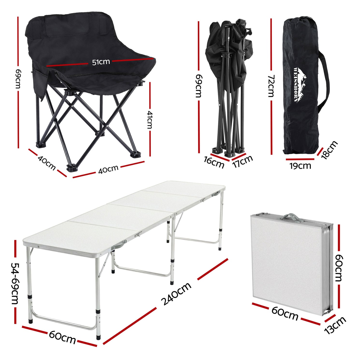 Weisshorn 7pc Camping Table Chair Set Outdoor Folding Aluminium Portable Picnic CAMP-MOON-BKX6-MDF-240