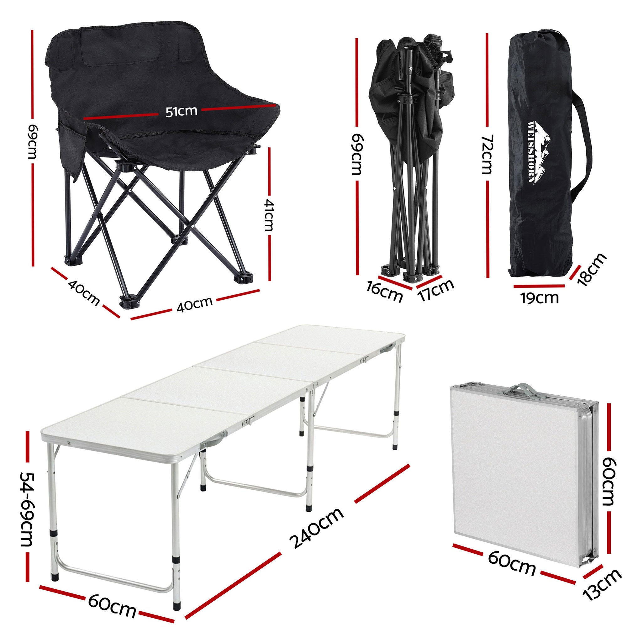 Weisshorn 7pc Camping Table Chair Set Outdoor Folding Aluminium Portable Picnic CAMP-MOON-BKX6-MDF-240