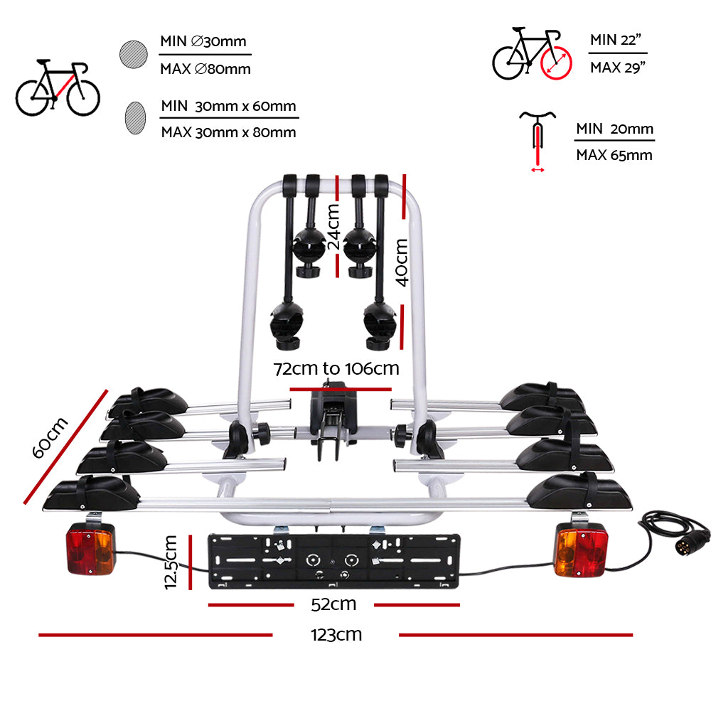 Giantz 4 Bicycle Bike Carrier Rack Car Towbar Hitch Ball Mount Tail light Silver CAR-BK-CARRIER-EURO4