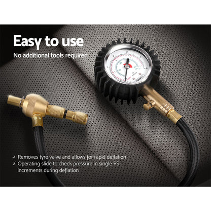 Giantz 4X4 4WD Gauge Valve Rapid Tyre/Tire Deflator CAR-GAUGE-BK