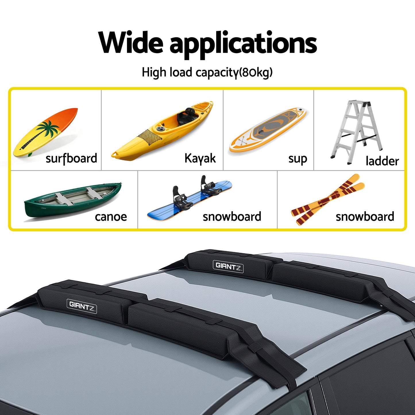 GIANTZ Kayak Roof Rack for Car, Universal Soft Roof Rack Pads for Surfboard SUP Canoe, Roof Bars for SUV CAR-RFBAR-FOAM-25