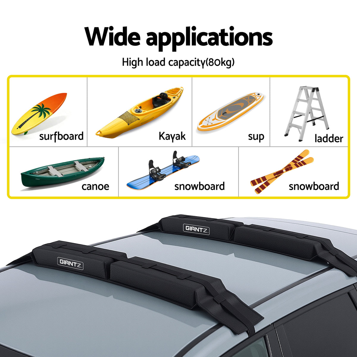 GIANTZ Kayak Roof Rack for Car, Universal Soft Roof Rack Pads for Surfboard SUP Canoe, Roof Bars for SUV CAR-RFBAR-FOAM-25
