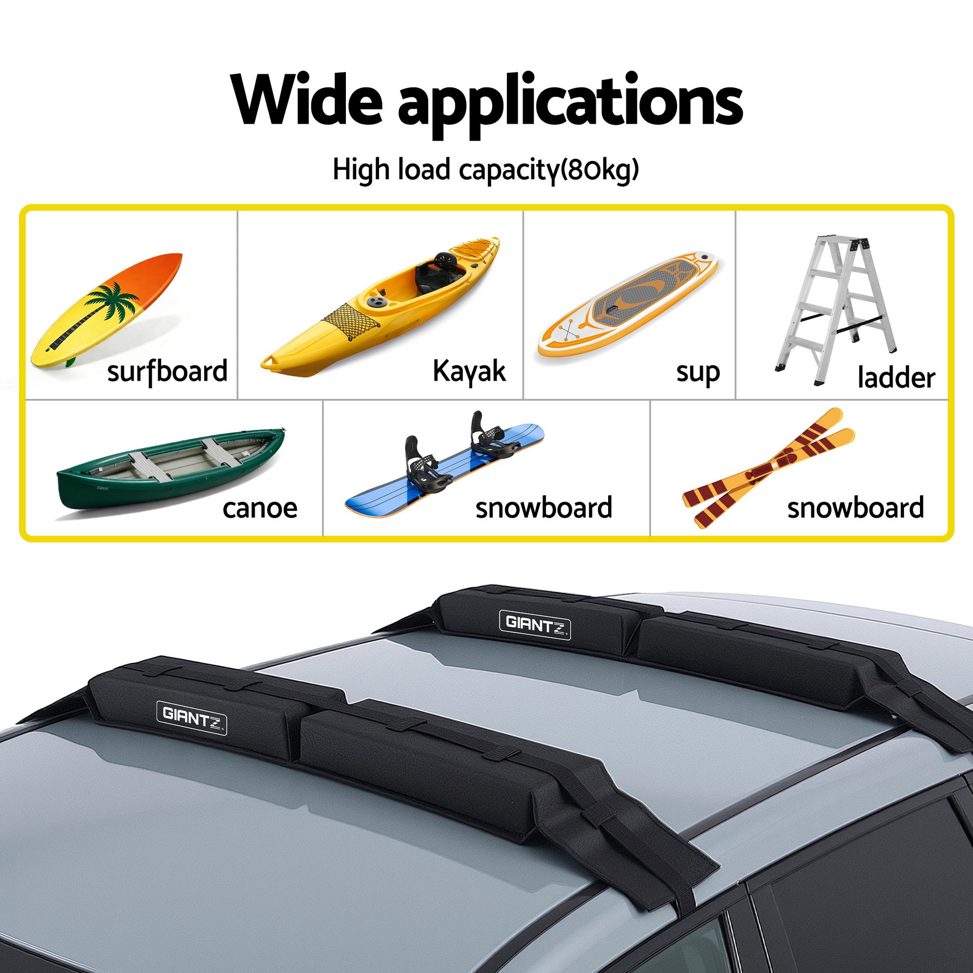GIANTZ Kayak Roof Rack for Car, Universal Soft Roof Rack Pads for Surfboard SUP Canoe, Roof Bars for SUV CAR-RFBAR-FOAM-25
