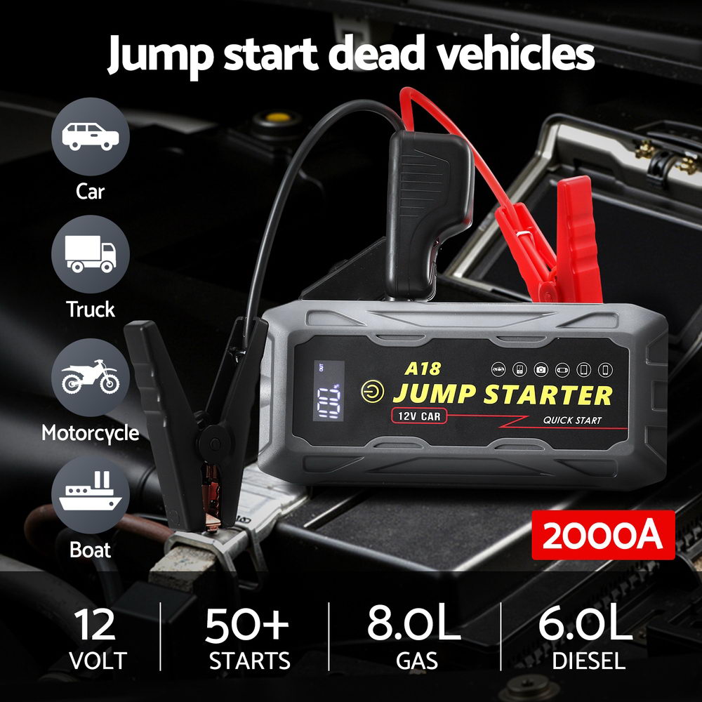 Giantz 2000A Portable Car Jump Starter 12V Lithium Battery Booster Pack Power Bank & Jumper Cables CAR-STARTER-2000-GR