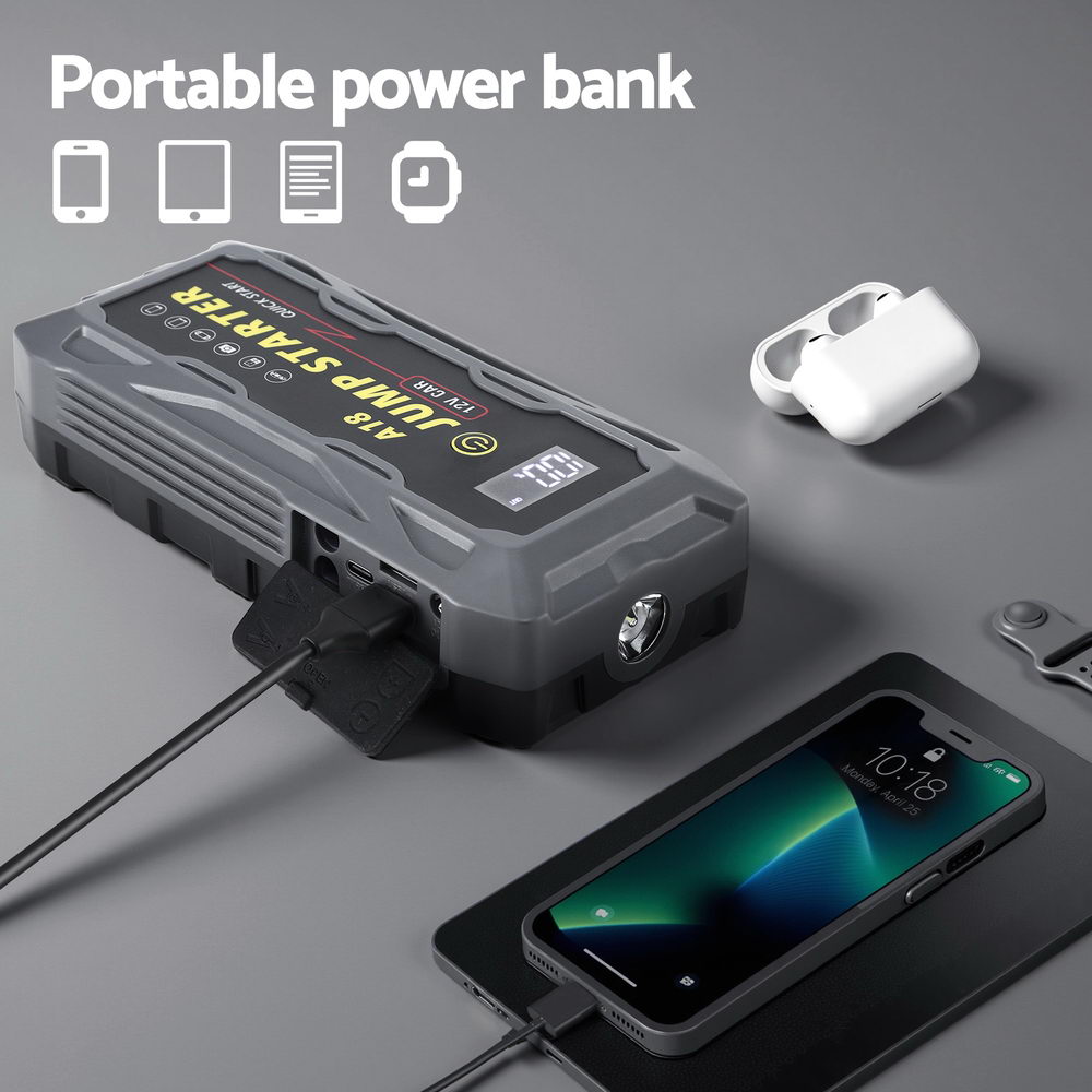 Giantz 2000A Portable Car Jump Starter 12V Lithium Battery Booster Pack Power Bank & Jumper Cables CAR-STARTER-2000-GR