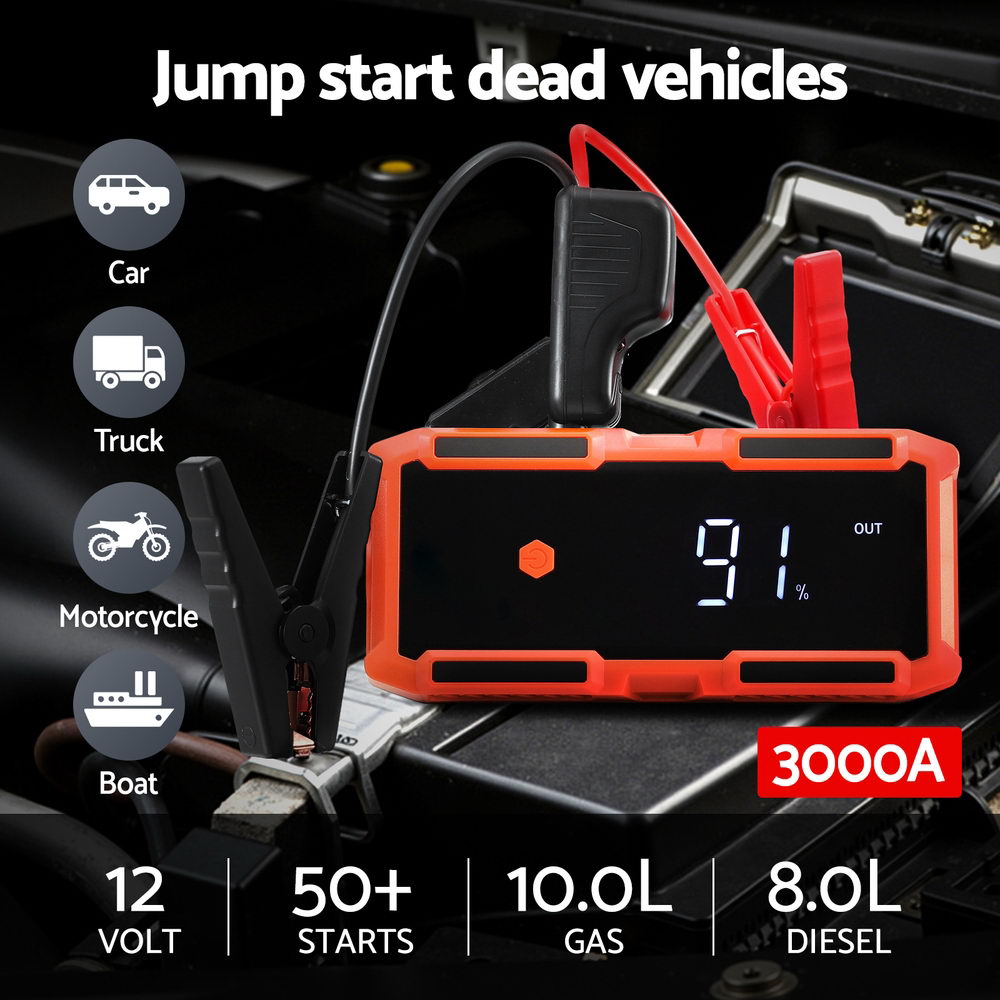 Giantz 3000A Portable Car Jump Starter 12V Lithium Battery Booster Pack Power Bank & Jumper Cables CAR-STARTER-3000-OR