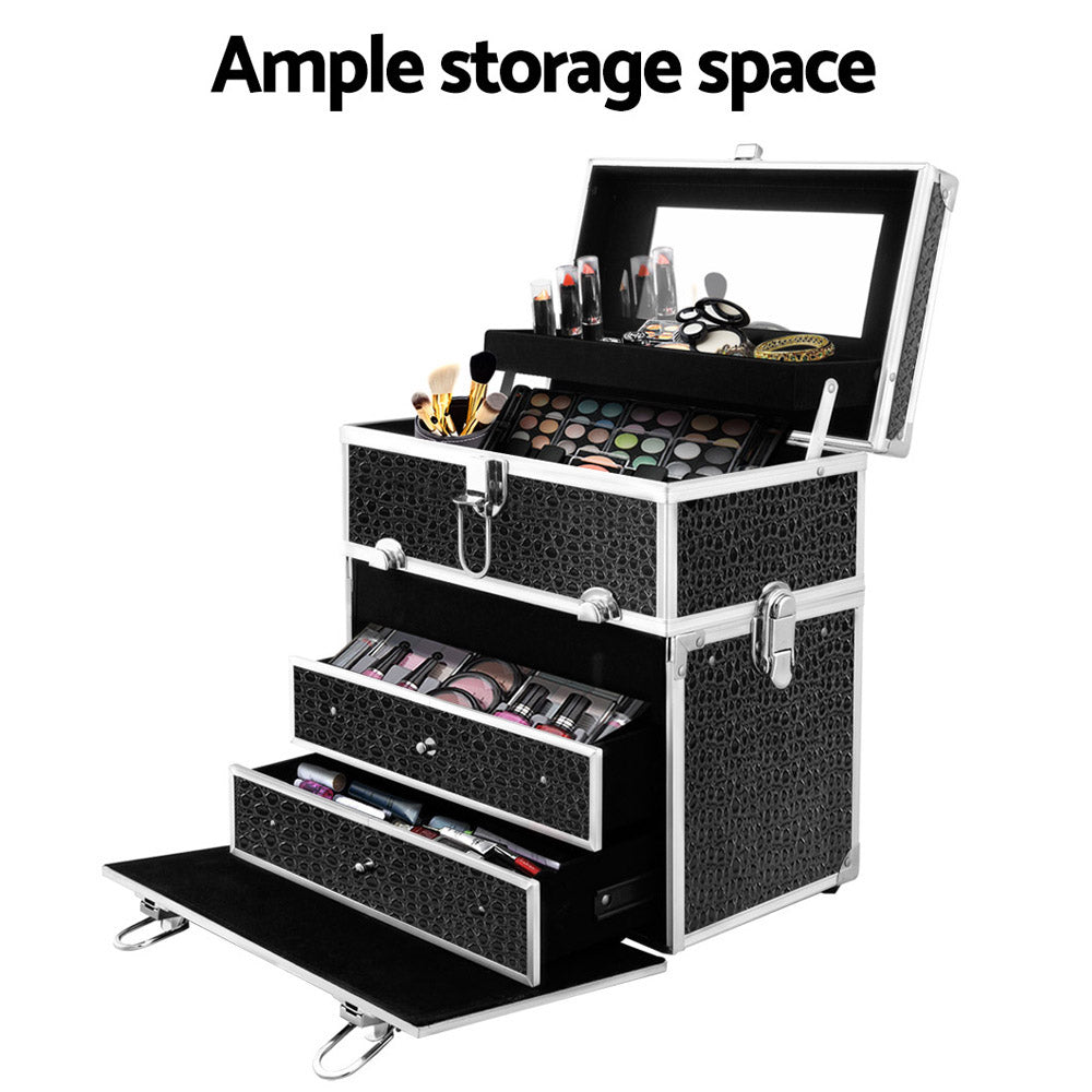 Embellir Portable Cosmetic Beauty Makeup Carry Case with Mirror - Crocodile Black CASE-HZ8-040-CROBK