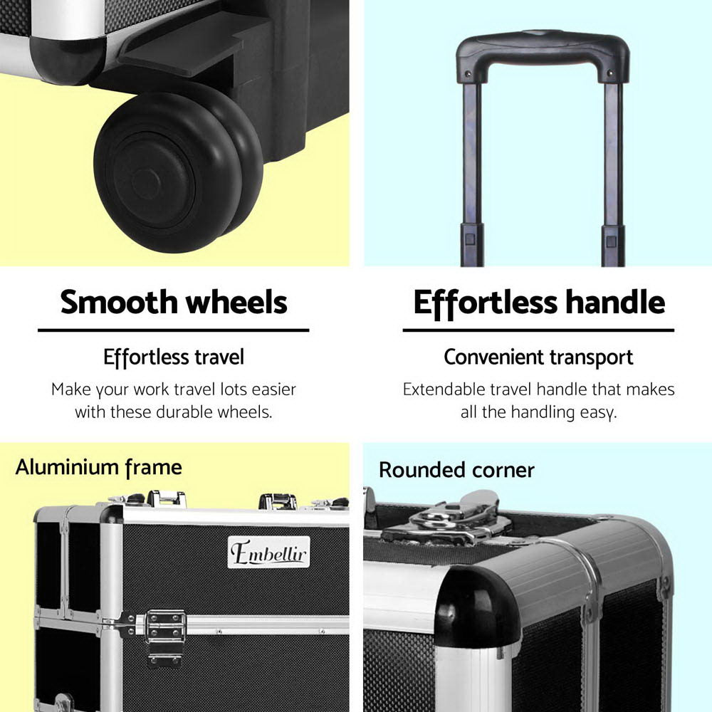 Embellir Makeup Case Beauty Trolley Cosmetic Organiser Box Travel Wheels Black CASE-MU-4T-081-BK