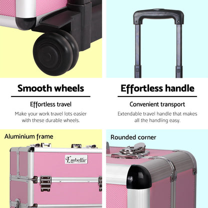 Embellir Makeup Case Beauty Trolley Cosmetic Organiser Box Travel Wheels Pink CASE-MU-4T-081-PI