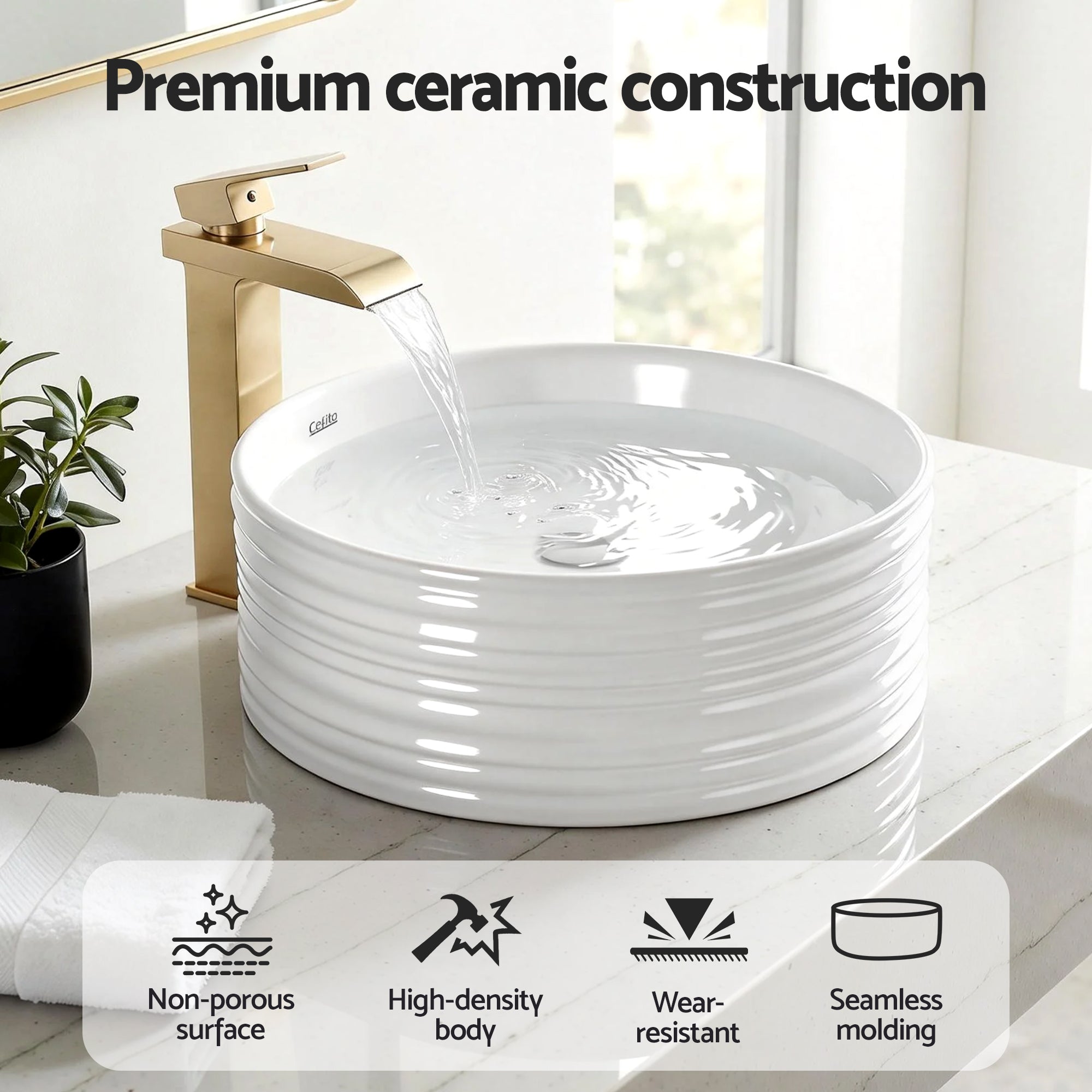 Cefito Bathroom Basin Vanity Sink Vessel Ceramic White Round Countertop 36cm CB-1054-WH