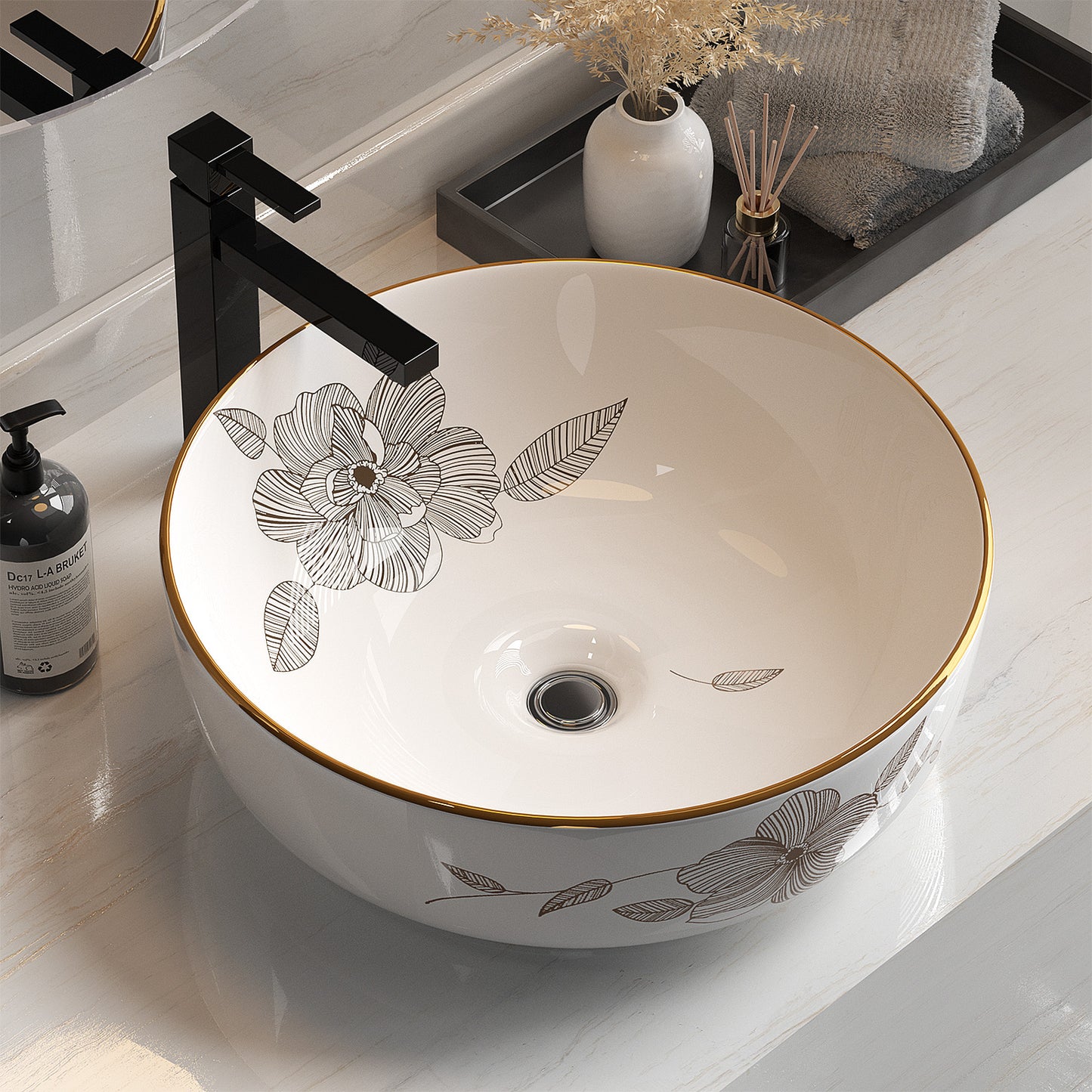 Cefito Bathroom Basin Ceramic Vanity Sink Hand Wash Bowl with Pattern 41x41cm CB-410-WH-FLOWER