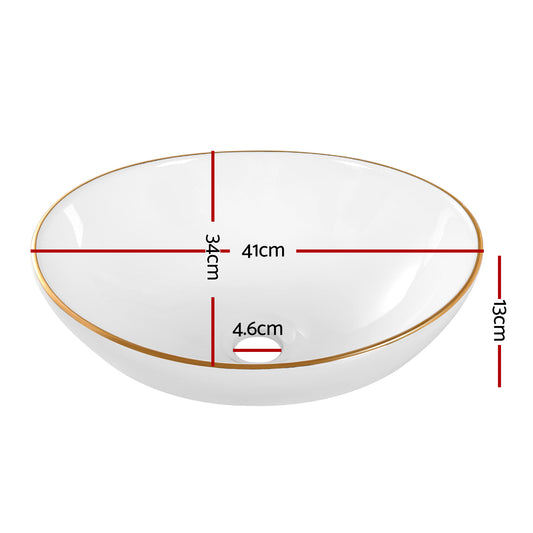 Cefito Bathroom Basin Ceramic Vanity Sink Hand Wash Bowl Gold Line 41x34cm CB-410-WH-GD
