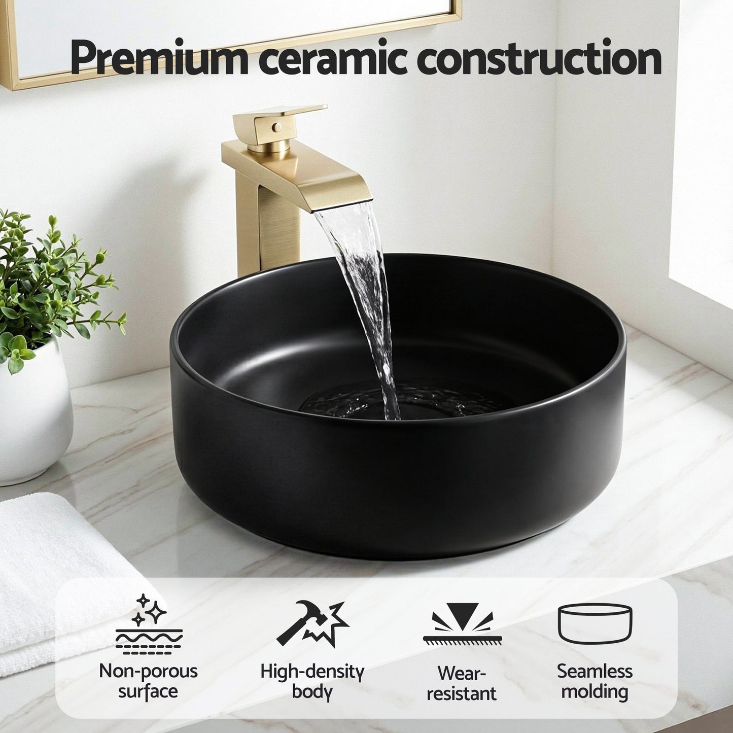 Cefito Bathroom Basin Ceramic Vanity Sink Vessel Bowl Wash Matte Black Round Countertop CB-8017-BK