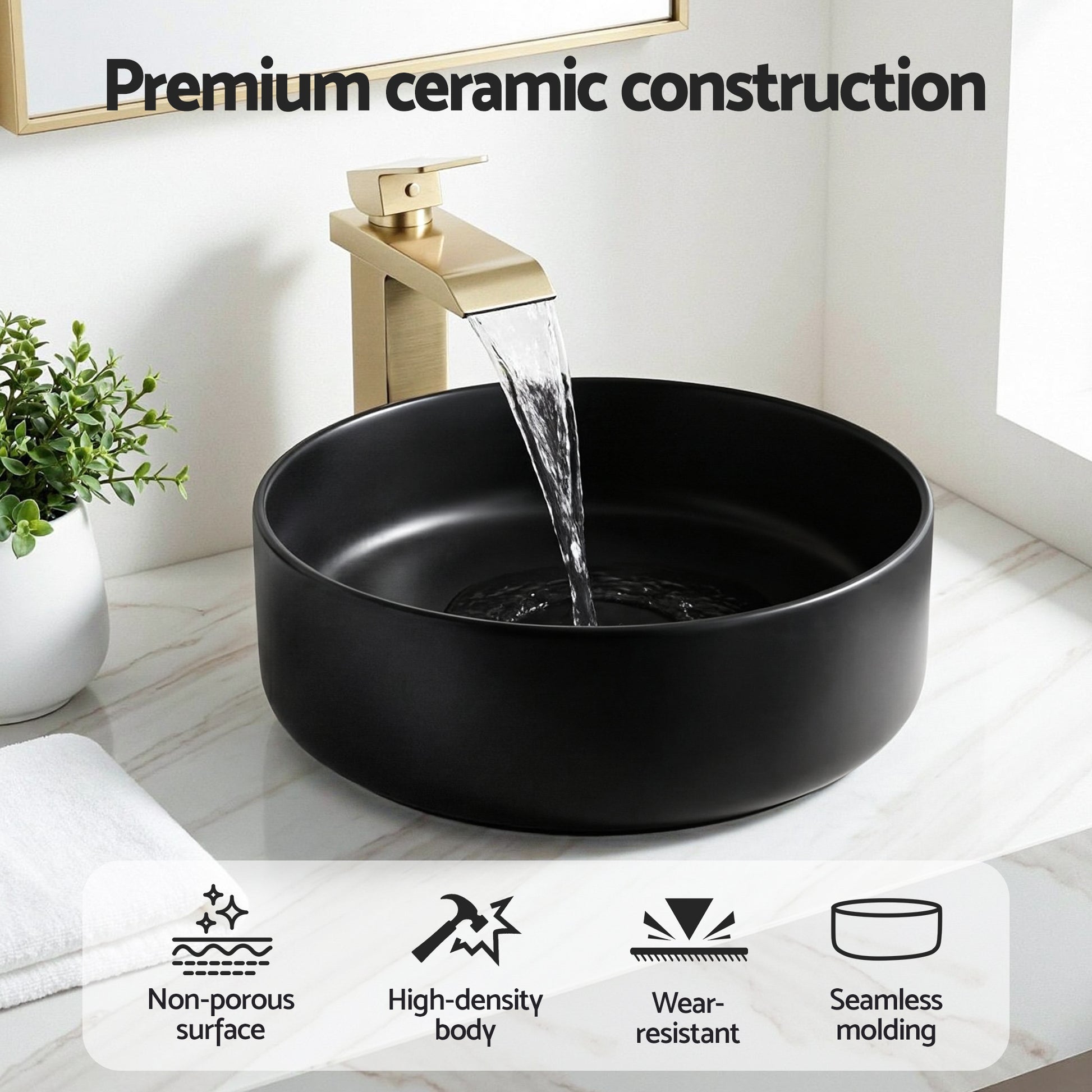 Cefito Bathroom Basin Ceramic Vanity Sink Vessel Bowl Wash Matte Black Round Countertop CB-8017-BK