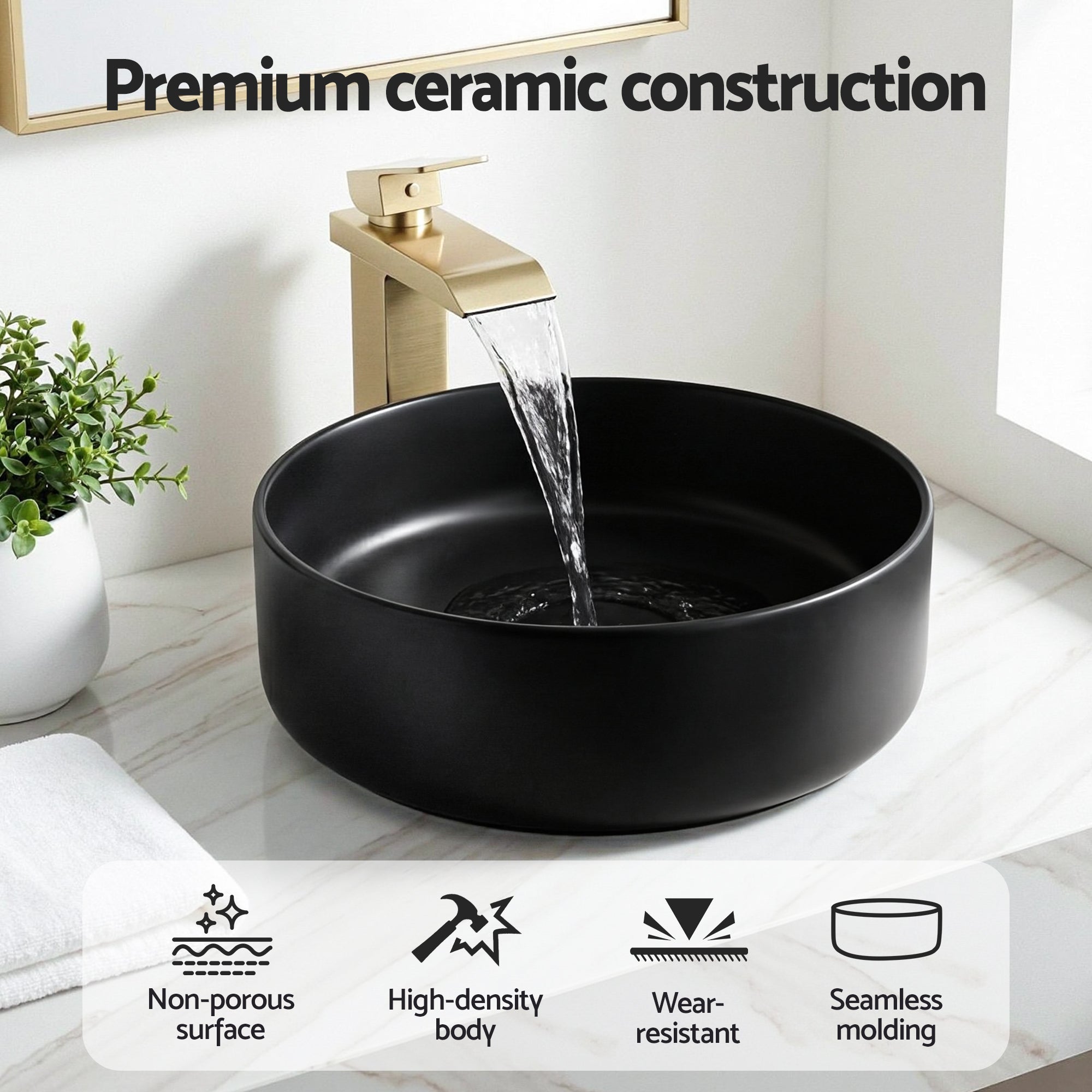 Cefito Bathroom Basin Ceramic Vanity Sink Vessel Bowl Wash Matte Black Round Countertop CB-8017-BK