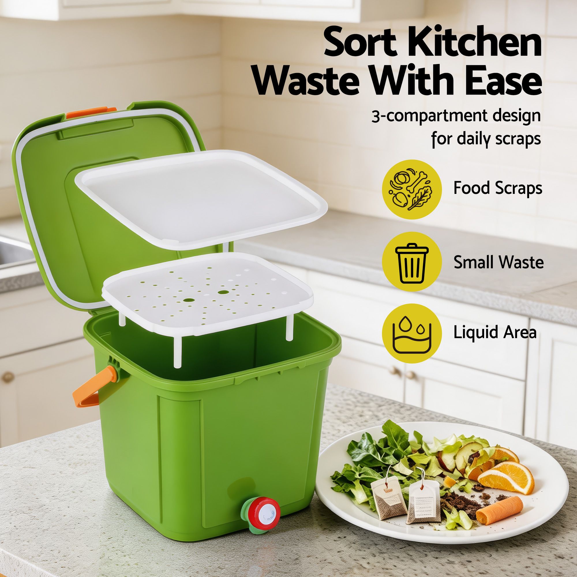 Gardeon 15L Kitchen Compost Bin Food Waste Caddy Drain Tap Green CBIN-15L-GN