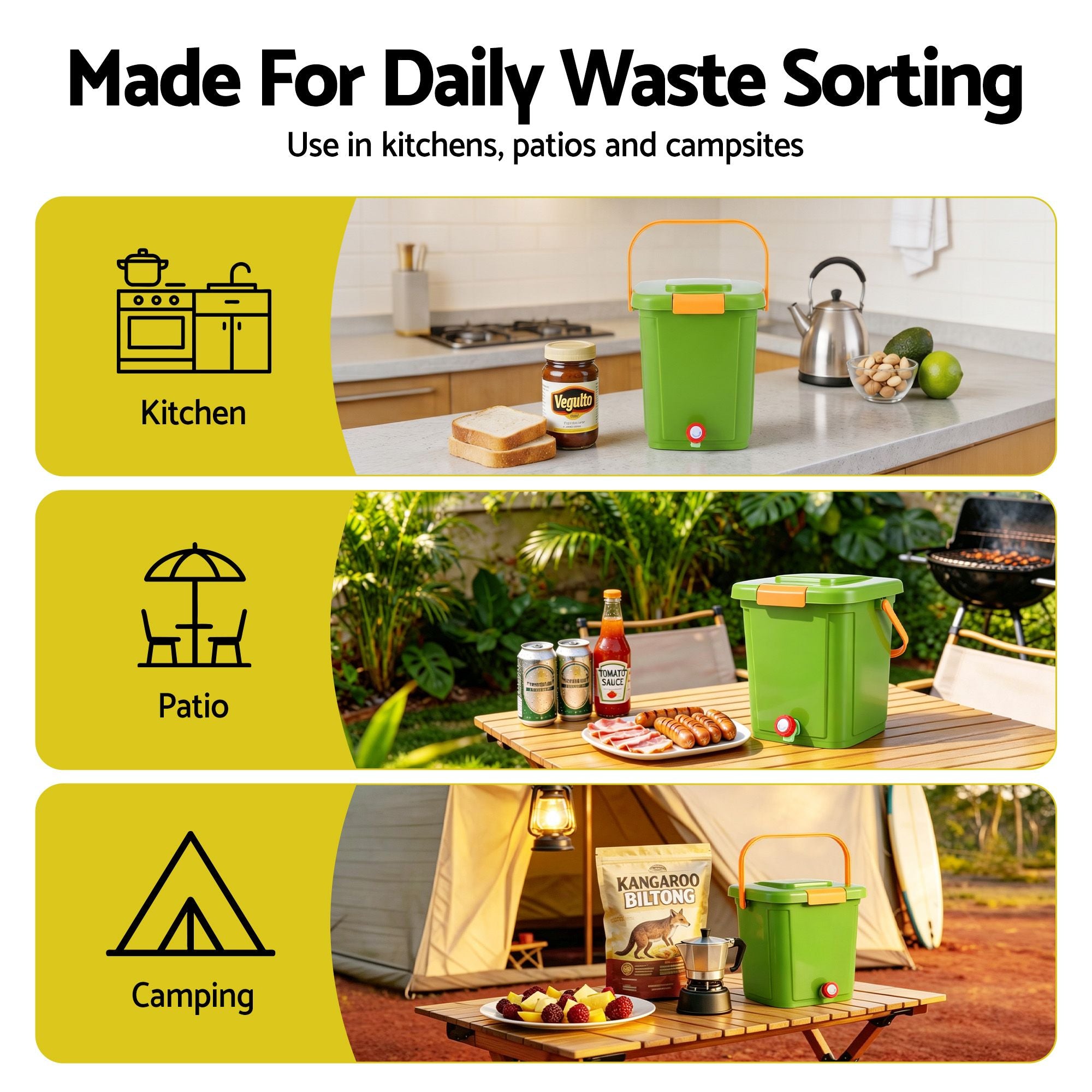Gardeon 15L Kitchen Compost Bin Food Waste Caddy Drain Tap Green CBIN-15L-GN
