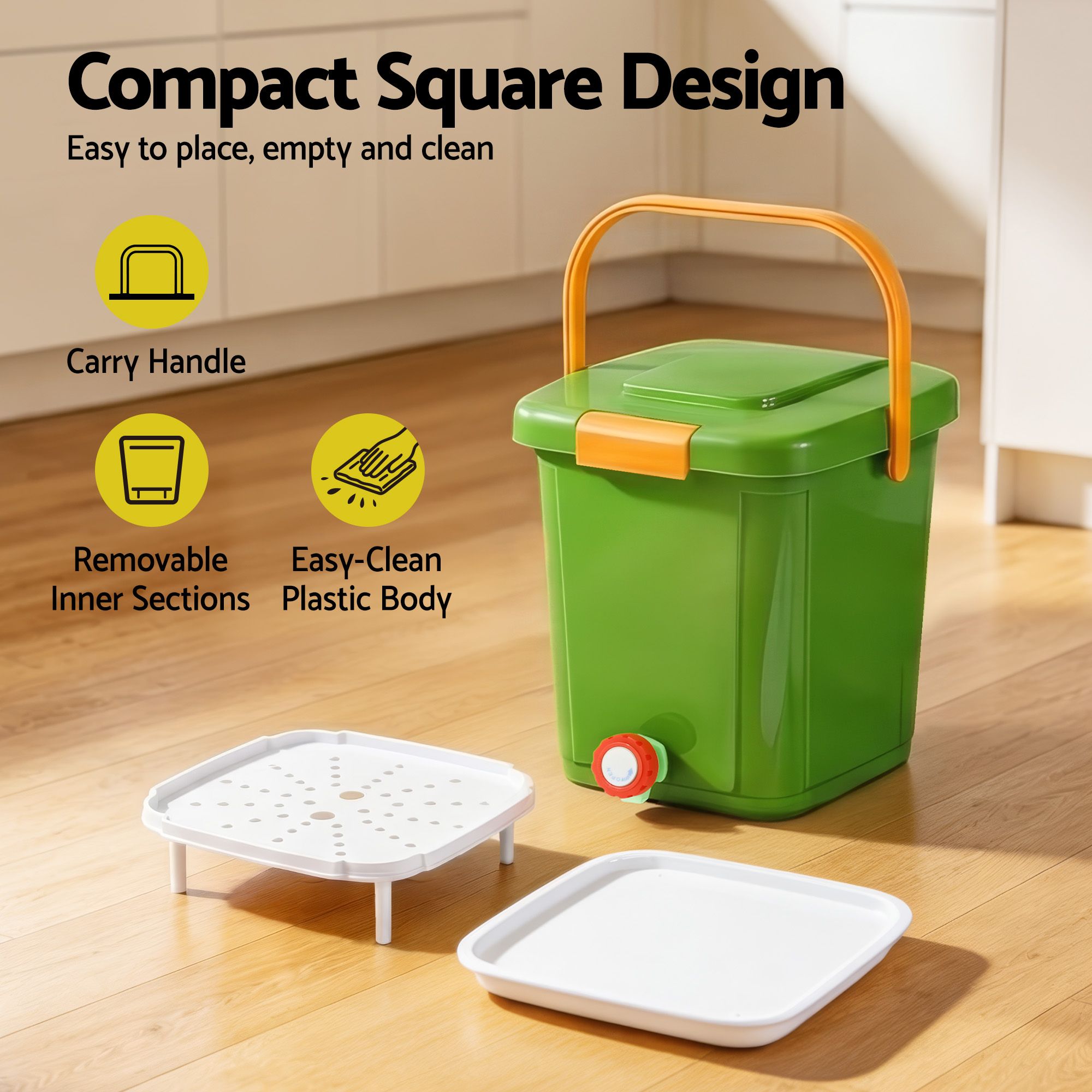 Gardeon 15L Kitchen Compost Bin Food Waste Caddy Drain Tap Green CBIN-15L-GN