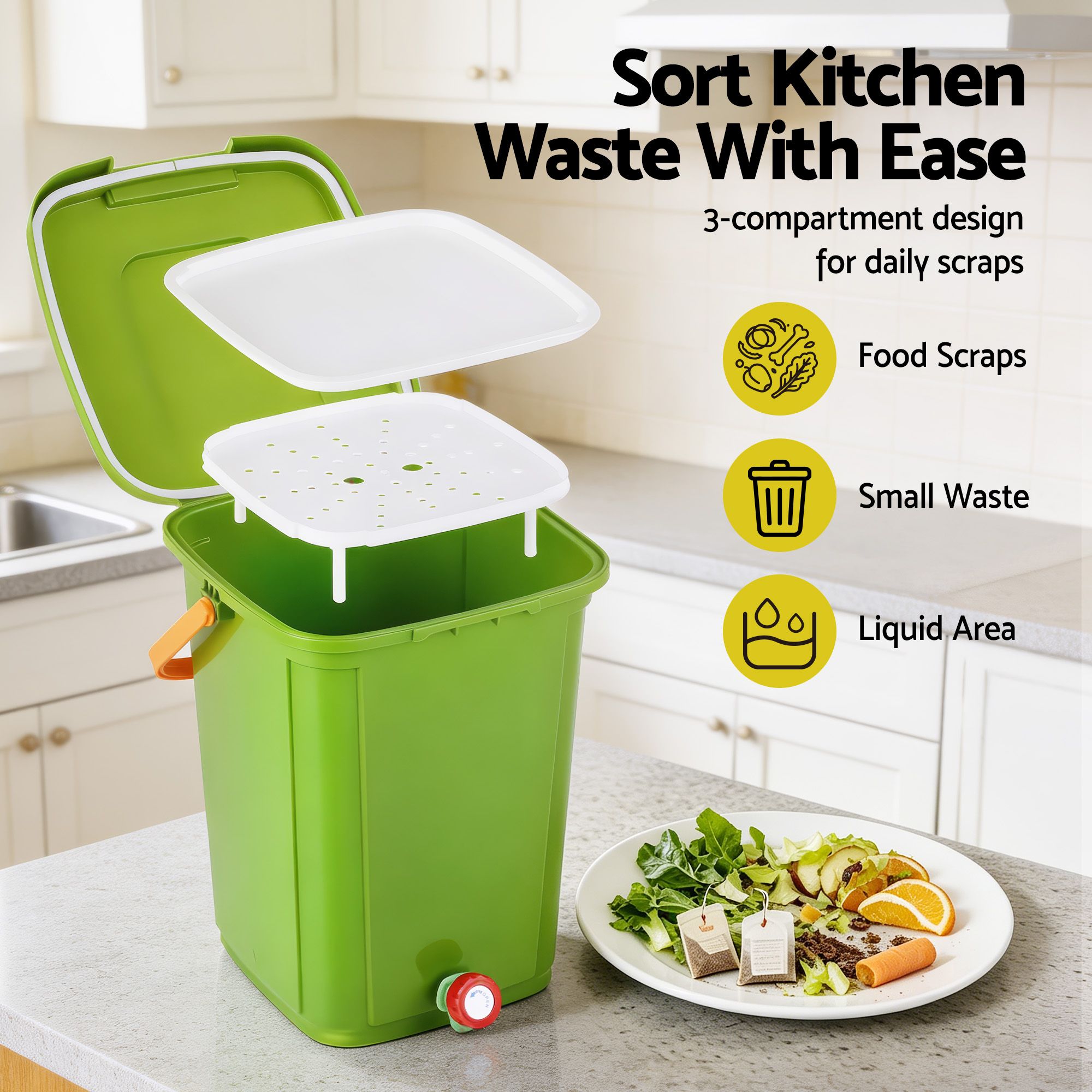 Gardeon 20L Kitchen Compost Bin Food Waste Caddy Drain Tap Green CBIN-20L-GN