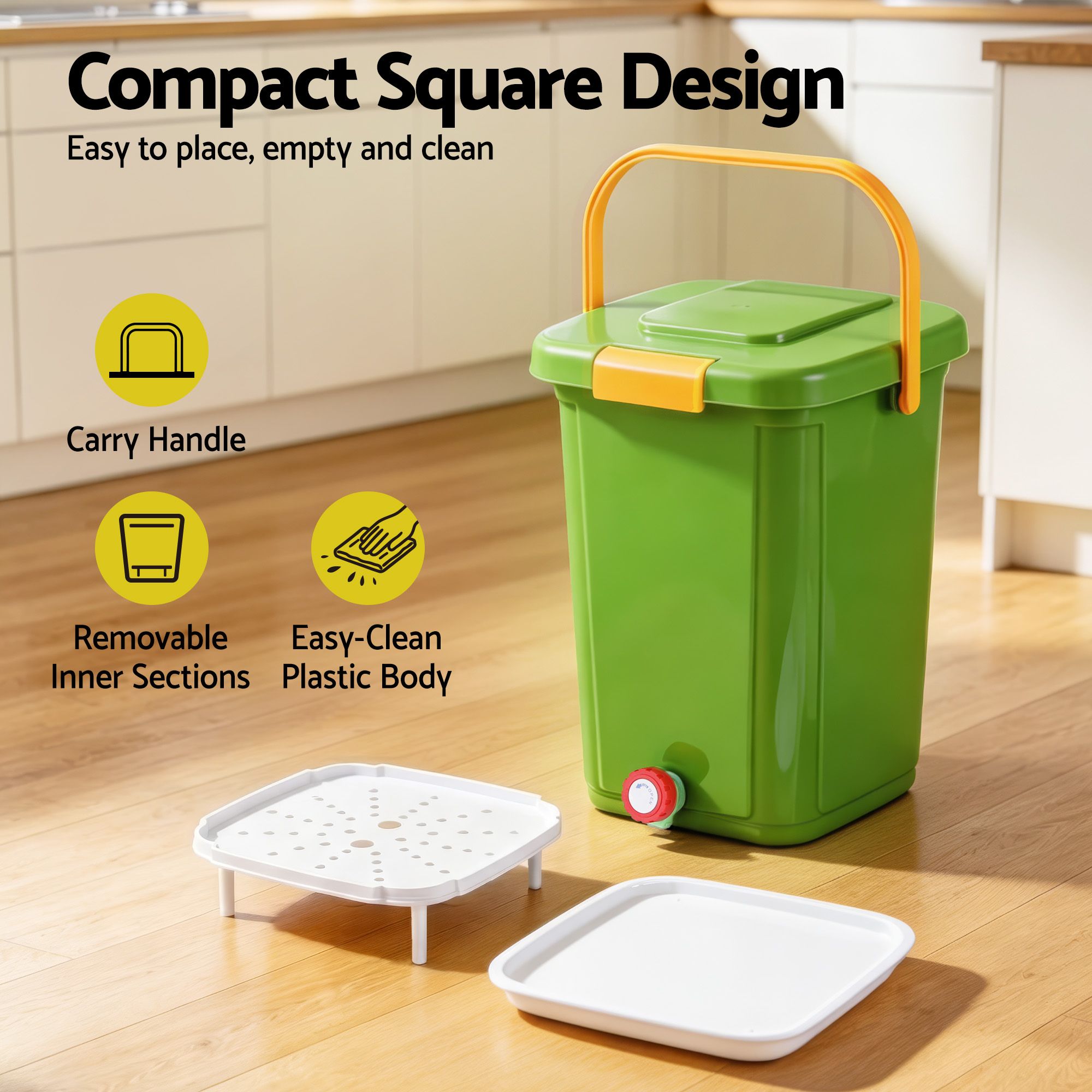 Gardeon 20L Kitchen Compost Bin Food Waste Caddy Drain Tap Green CBIN-20L-GN