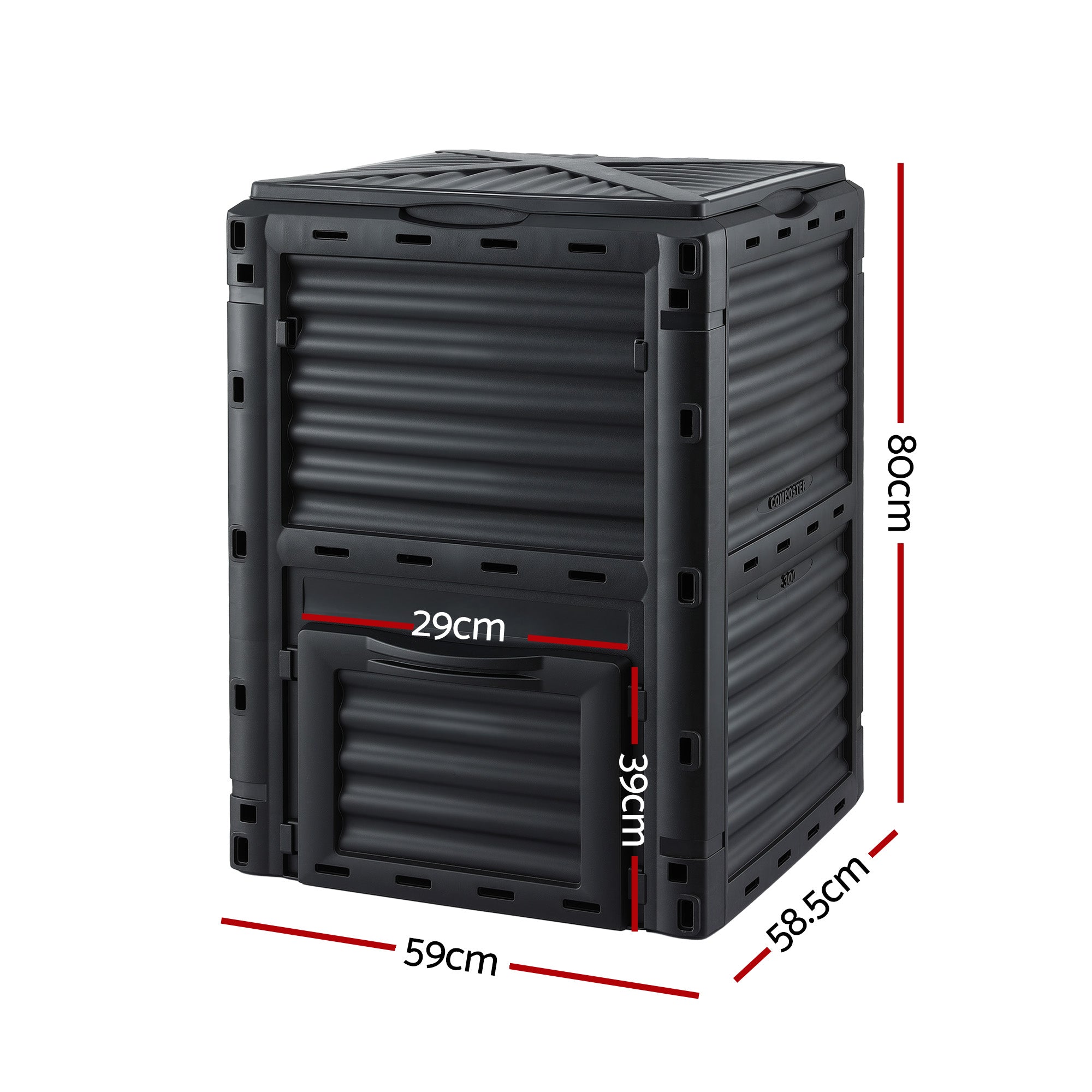 Gardeon Compost Bin 300L Heavy-Duty Black Outdoor Composter with Top Lid Bottom Door CBIN-300L-BK