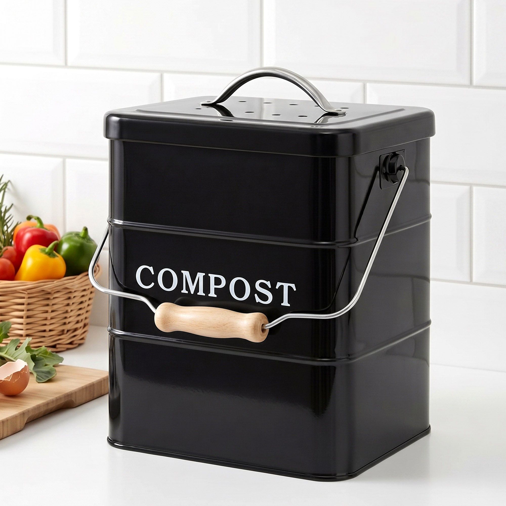 Gardeon 5L Compost Bin Kitchen Countertop Food Waste Caddy Black CBIN-3LVL-6L-BK