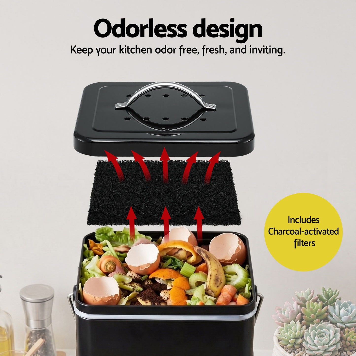 Gardeon 5L Compost Bin Kitchen Countertop Food Waste Caddy Black CBIN-3LVL-6L-BK