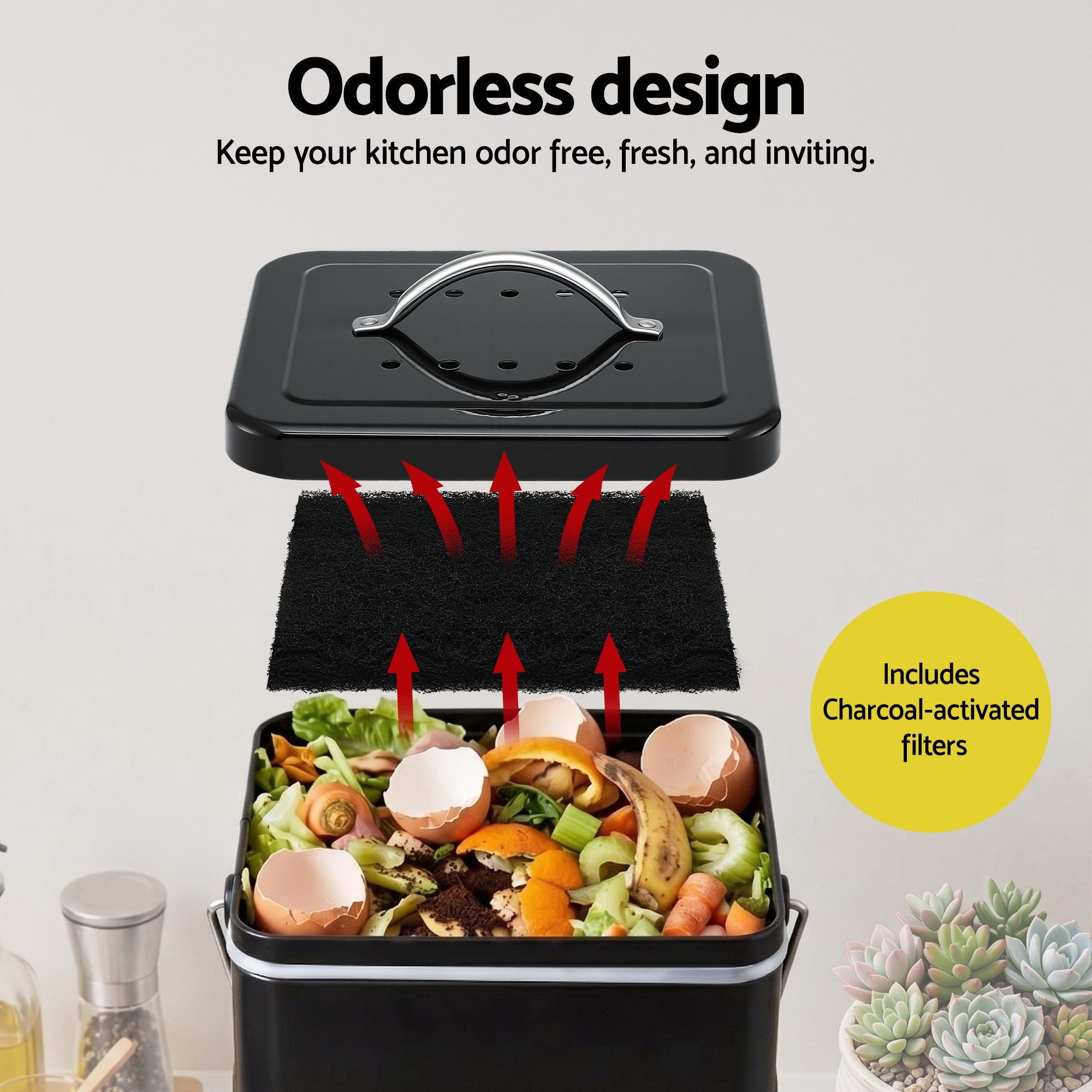Gardeon 5L Compost Bin Kitchen Countertop Food Waste Caddy Black CBIN-3LVL-6L-BK