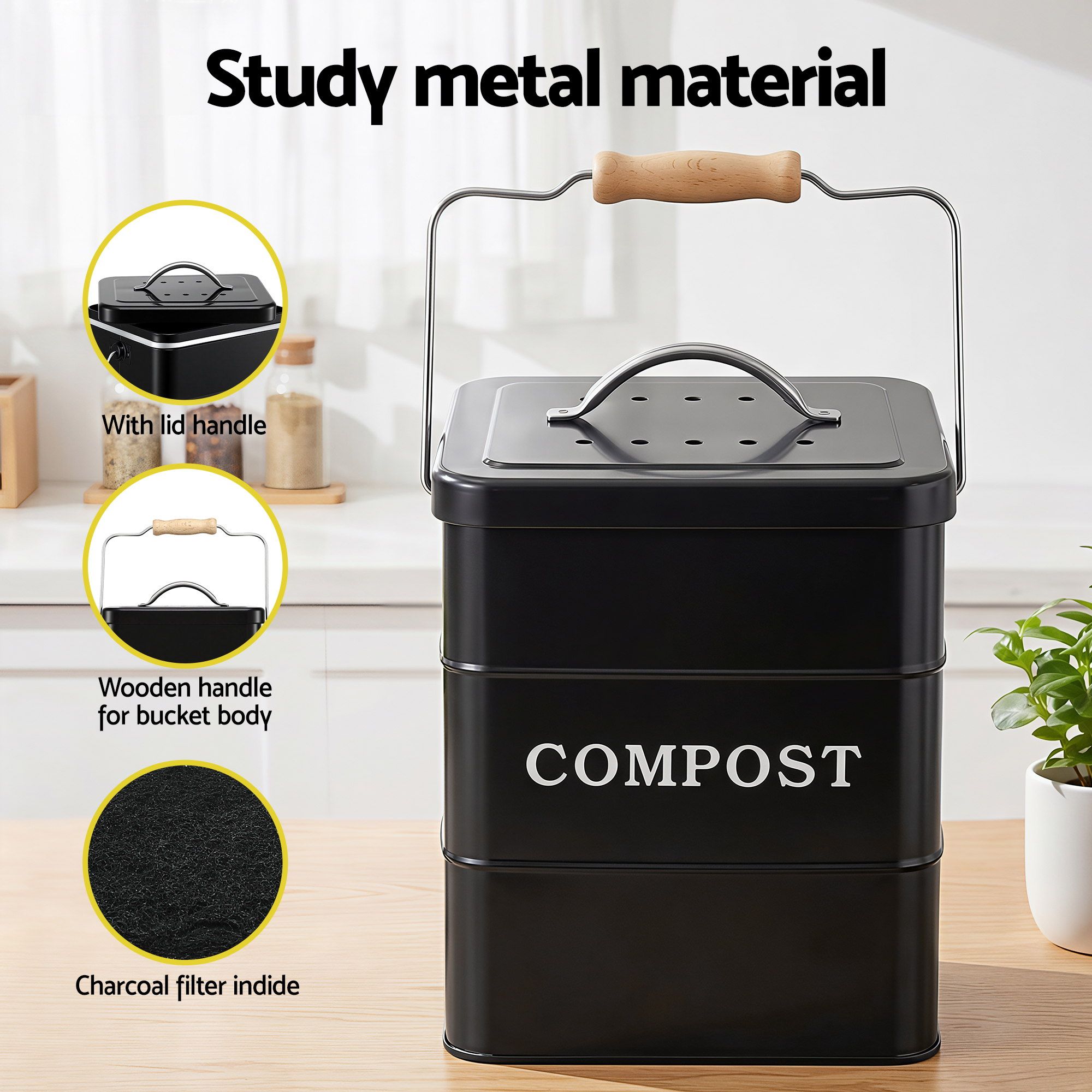 Gardeon 5L Compost Bin Kitchen Countertop Food Waste Caddy Black CBIN-3LVL-6L-BK