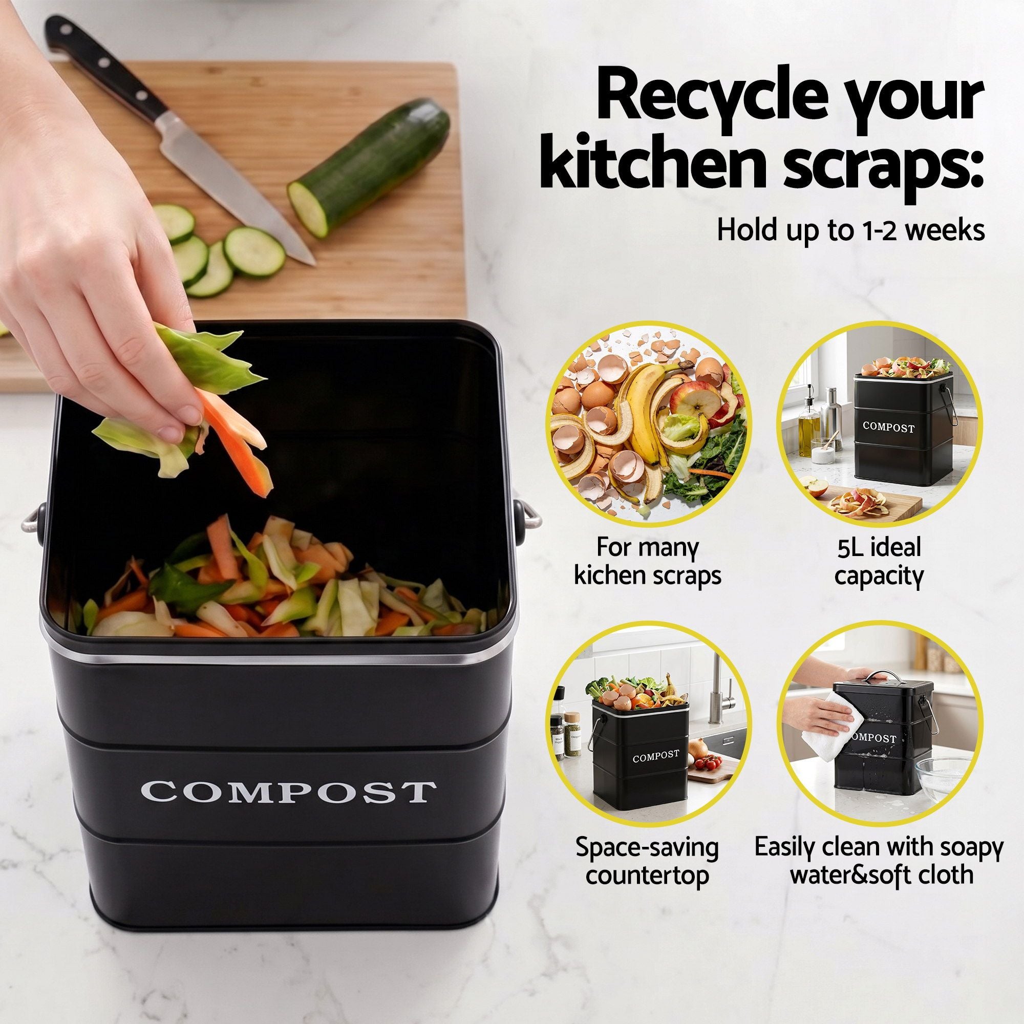 Gardeon 5L Compost Bin Kitchen Countertop Food Waste Caddy Black CBIN-3LVL-6L-BK