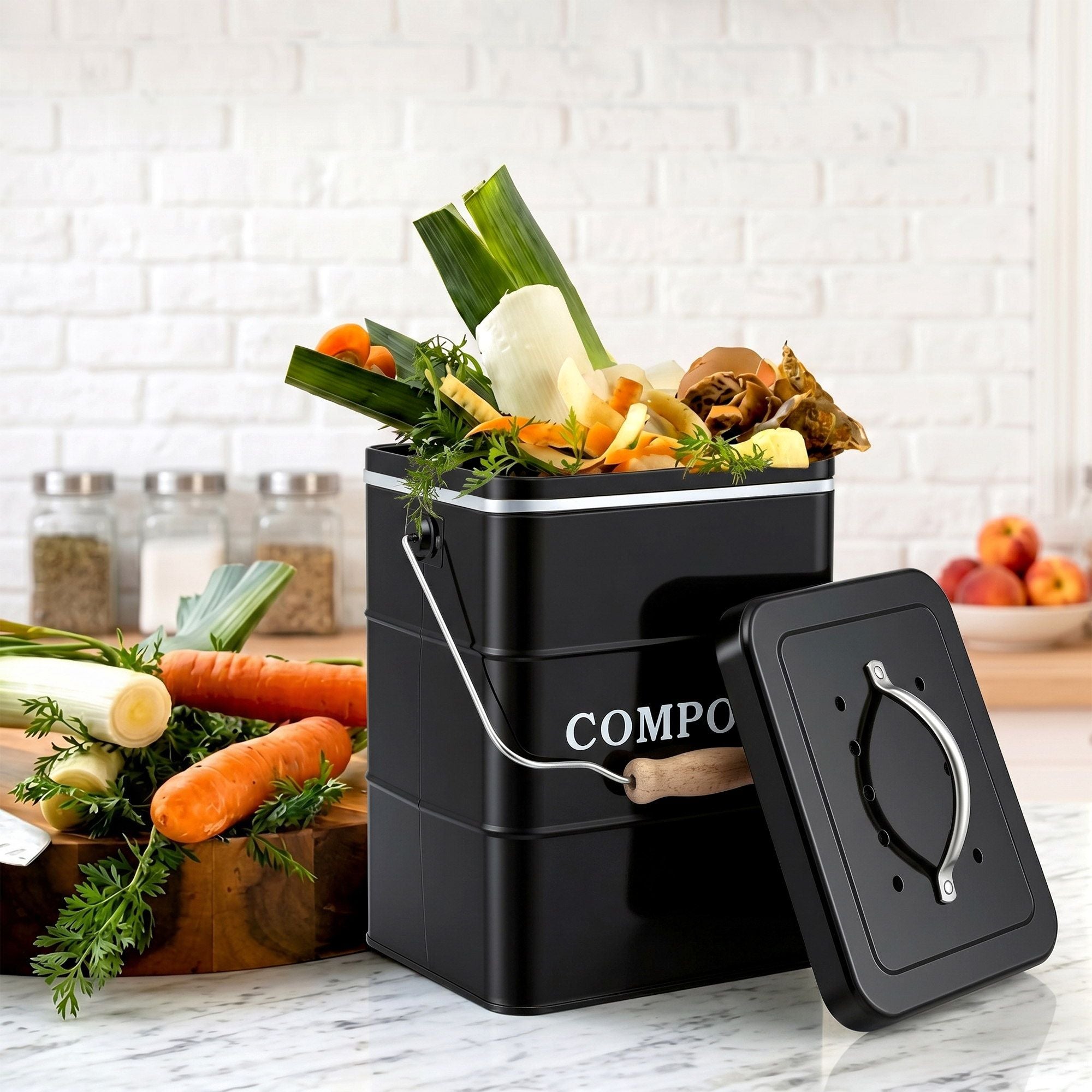 Gardeon 5L Compost Bin Kitchen Countertop Food Waste Caddy Black CBIN-3LVL-6L-BK