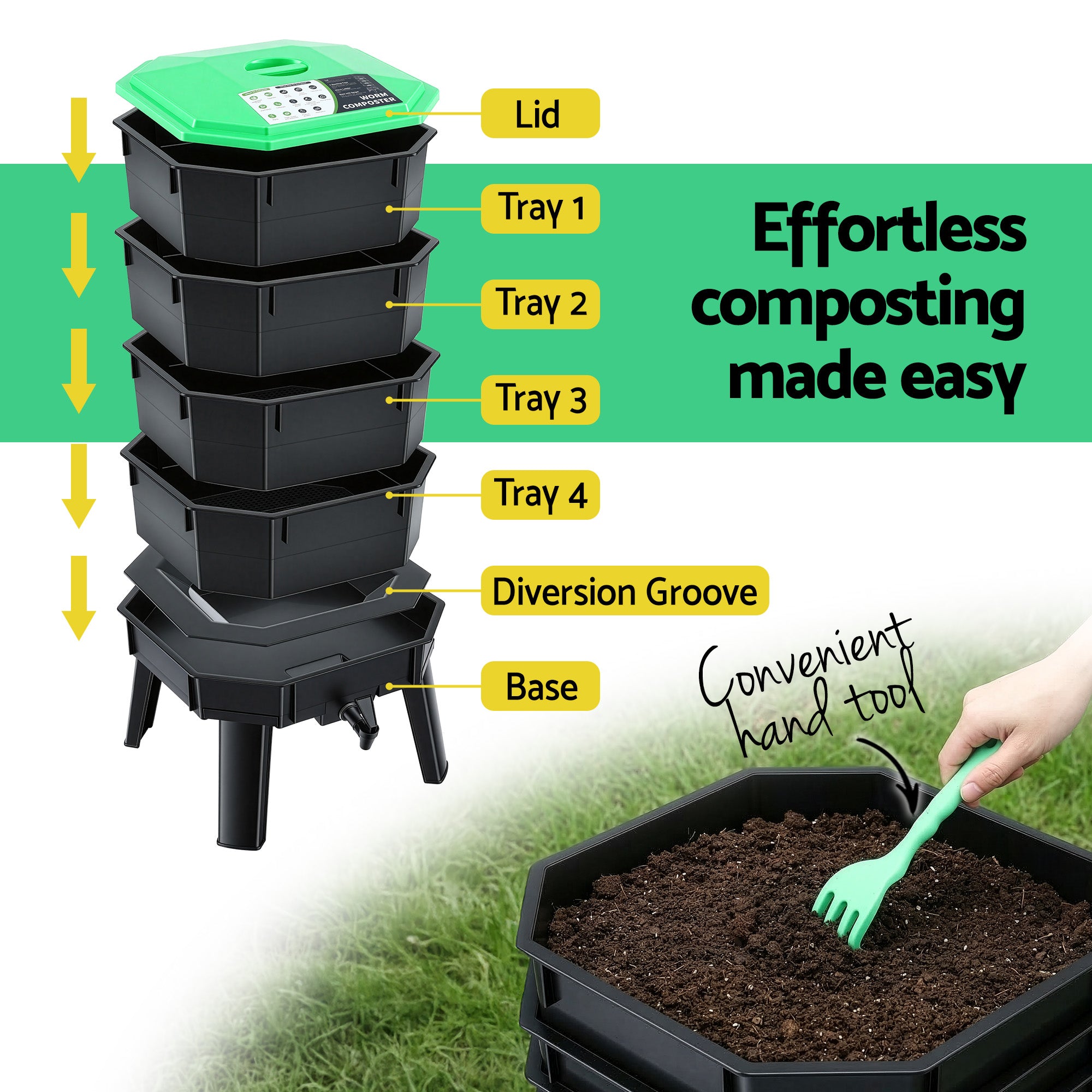 Gardeon Compost Bin 4-Tray Stackable Worm Farm Composter with Liquid Fertiliser Tap CBIN-4LVL-GNBK
