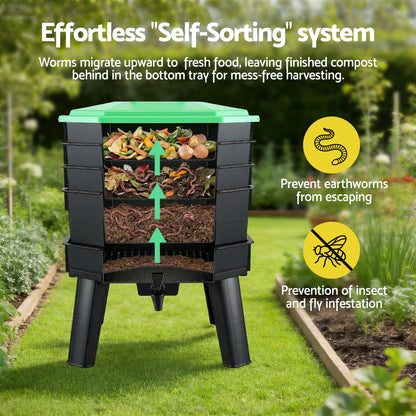 Gardeon Compost Bin 4-Tray Stackable Worm Farm Composter with Liquid Fertiliser Tap CBIN-4LVL-GNBK