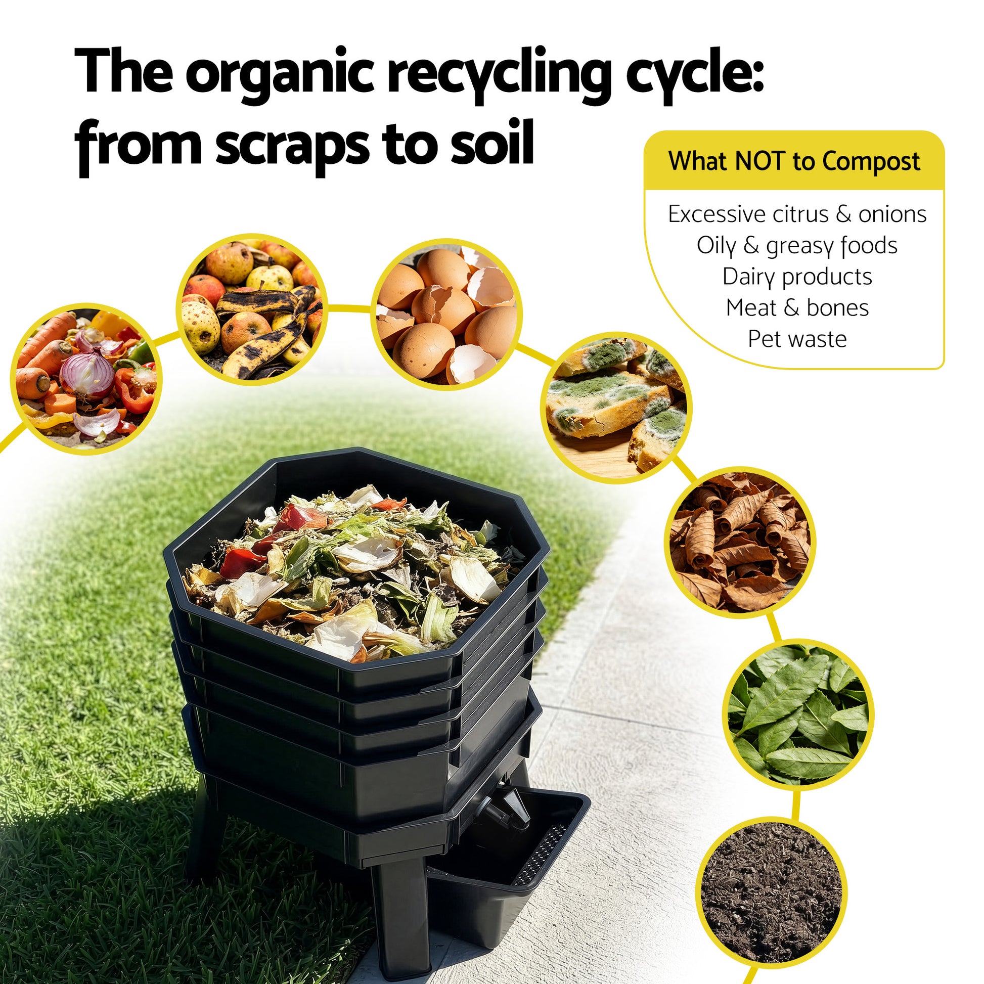 Gardeon Compost Bin 4-Tray Stackable Worm Farm Composter with Liquid Fertiliser Tap CBIN-4LVL-GNBK