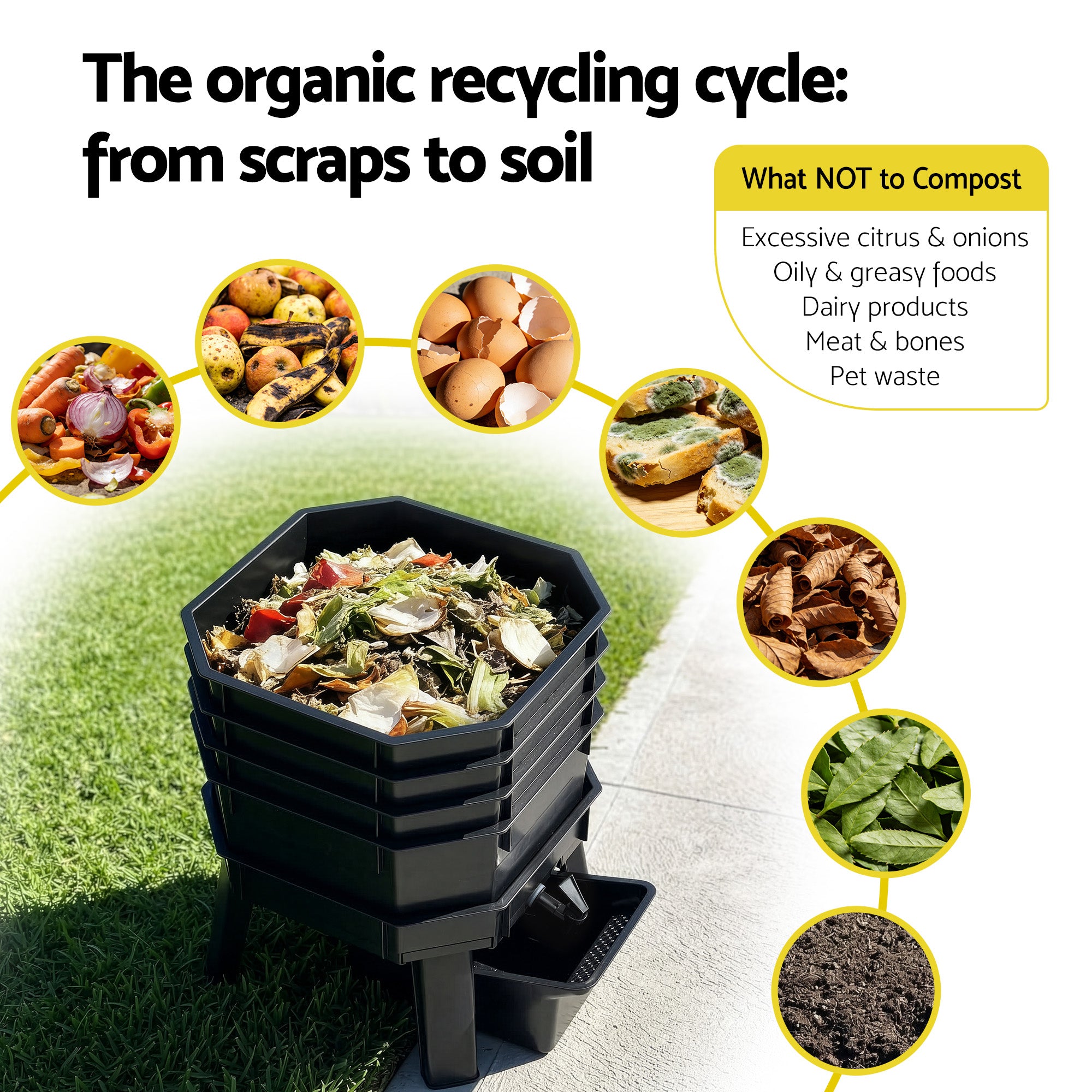 Gardeon Compost Bin 4-Tray Stackable Worm Farm Composter with Liquid Fertiliser Tap CBIN-4LVL-GNBK