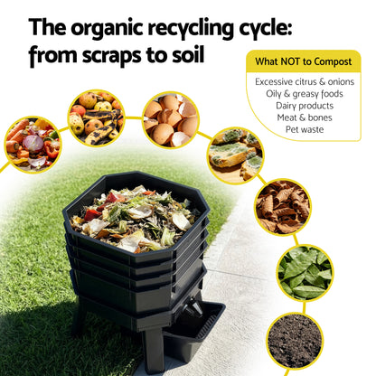 Gardeon Compost Bin 4-Tray Stackable Worm Farm Composter with Liquid Fertiliser Tap CBIN-4LVL-GNBK