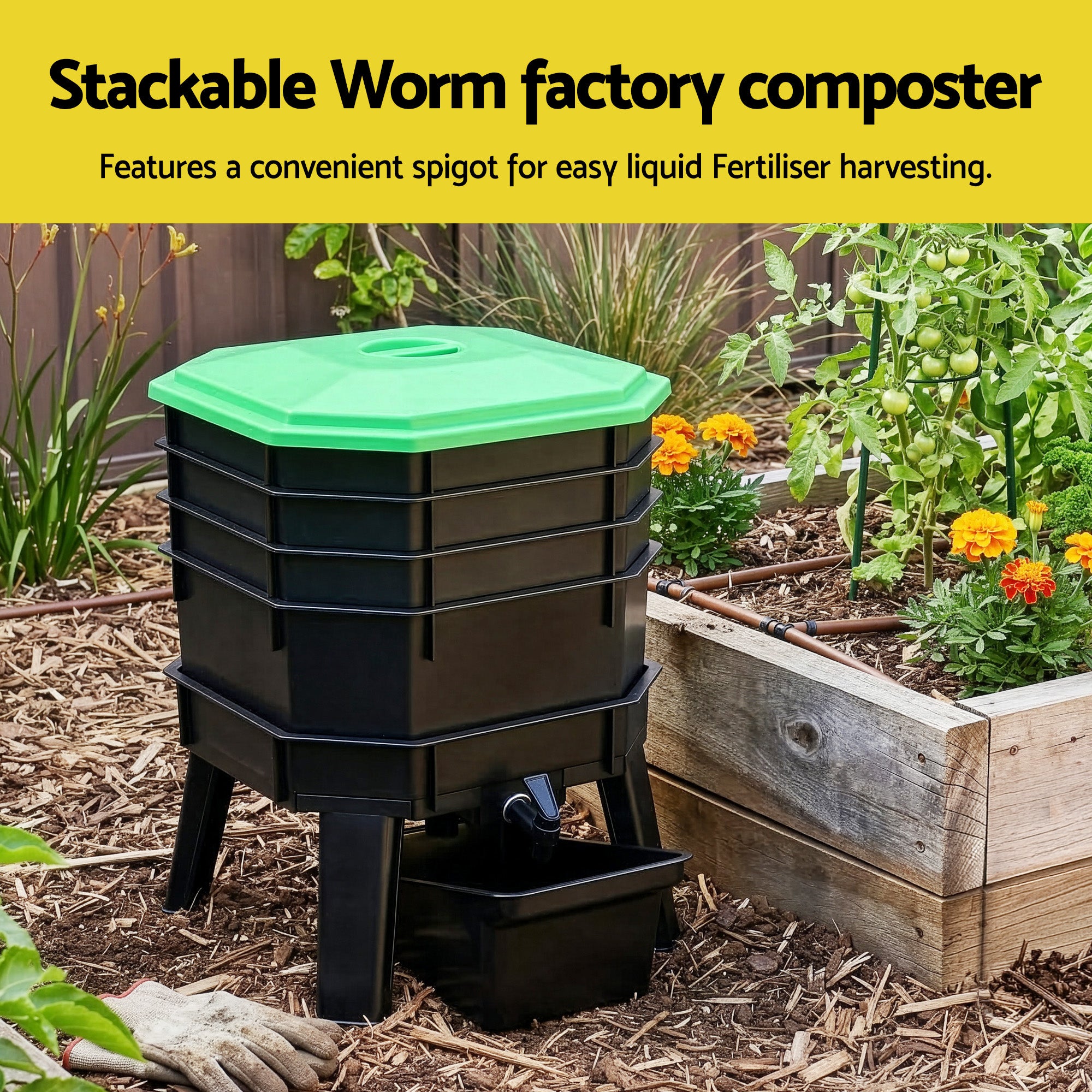 Gardeon Compost Bin 4-Tray Stackable Worm Farm Composter with Liquid Fertiliser Tap CBIN-4LVL-GNBK