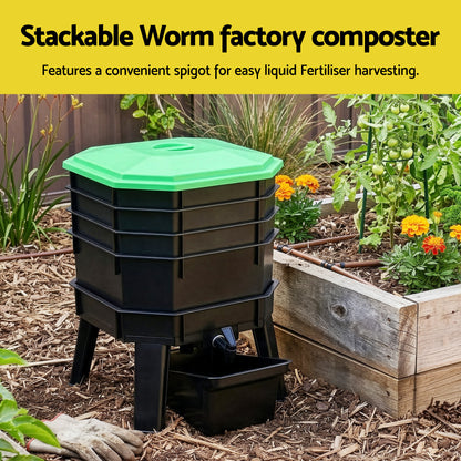 Gardeon Compost Bin 4-Tray Stackable Worm Farm Composter with Liquid Fertiliser Tap CBIN-4LVL-GNBK